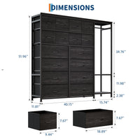 Garvee 16 Drawers Dresser with Clothes Rack, Freestanding Closet Organizer for Hanging Clothes, Tall Fabric Chests with Wardrobe Clothing Rack, 2 Storage Shelves for Bedroom Living Room, Black