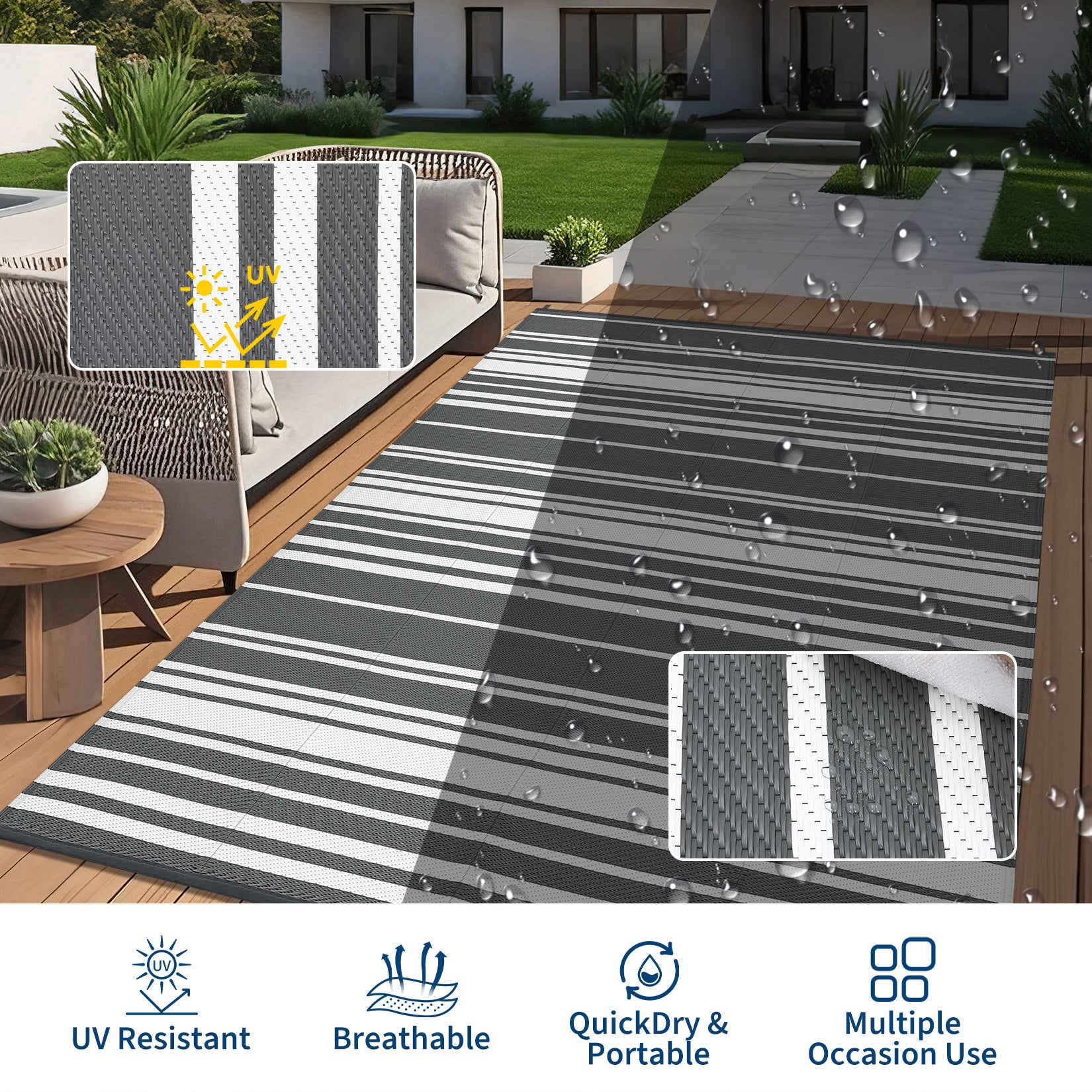 Garvee Outdoor Grey 8x10 Rug Waterproof Foldable Plastic Straw UV-Resistant Heat-Sealed Edges with Carry Bag for Patio Deck Picnic Beach