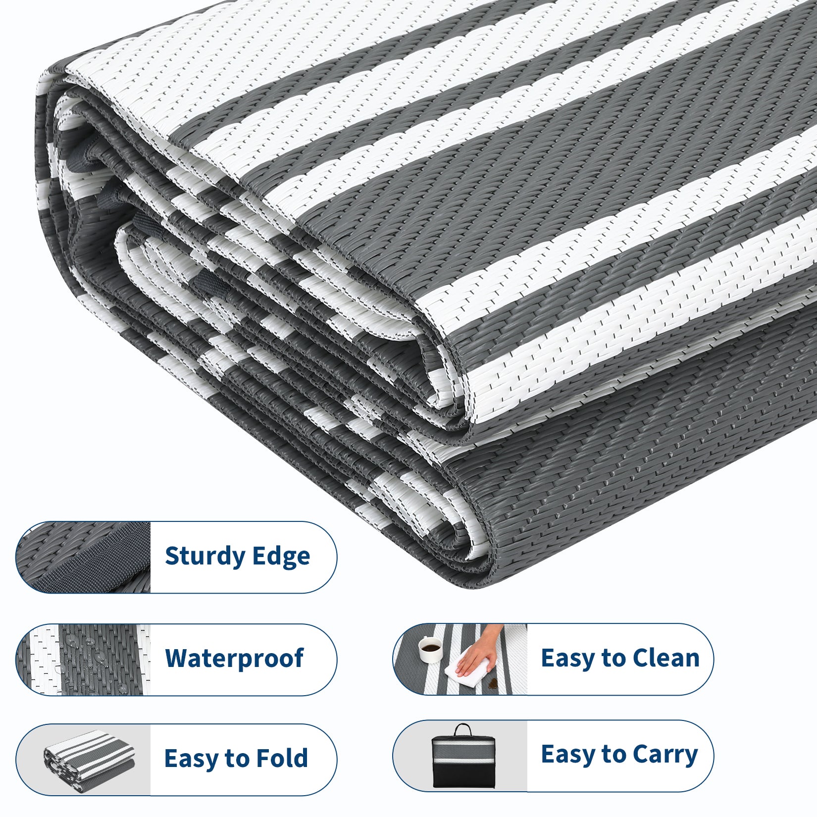 Garvee Outdoor Grey 8x10 Rug Waterproof Foldable Plastic Straw UV-Resistant Heat-Sealed Edges with Carry Bag for Patio Deck Picnic Beach