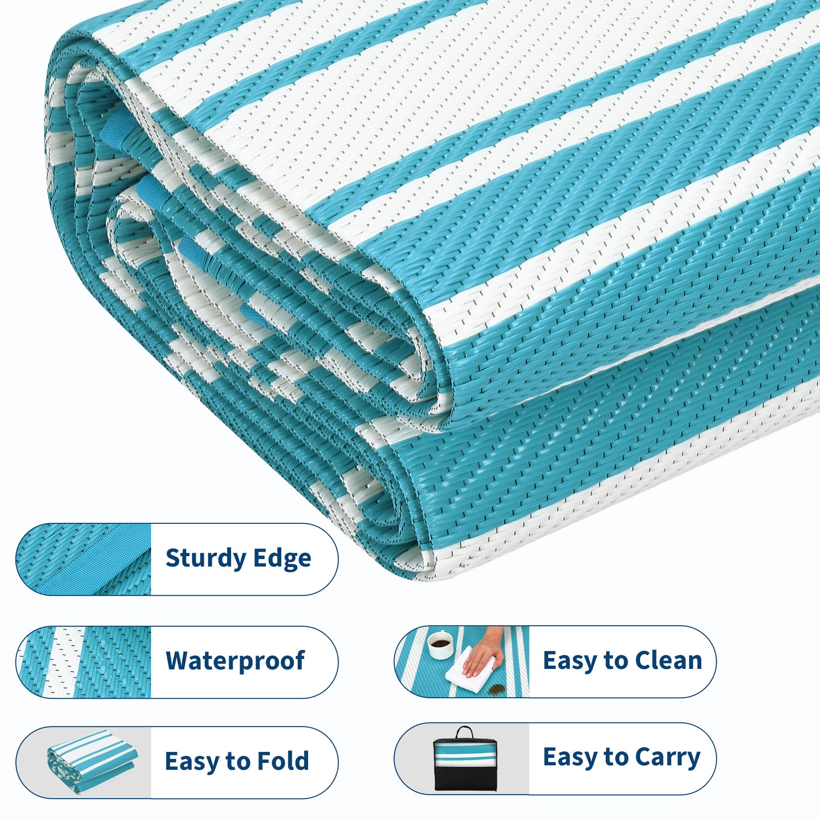 Garvee Outdoor Light Blue 9x18 Waterproof Rug Reversible Plastic Straw Rug, Double-Sided Design, UV Resistant, Polypropylene, Lightweight & Portable, Includes Stakes, Patio & Camping