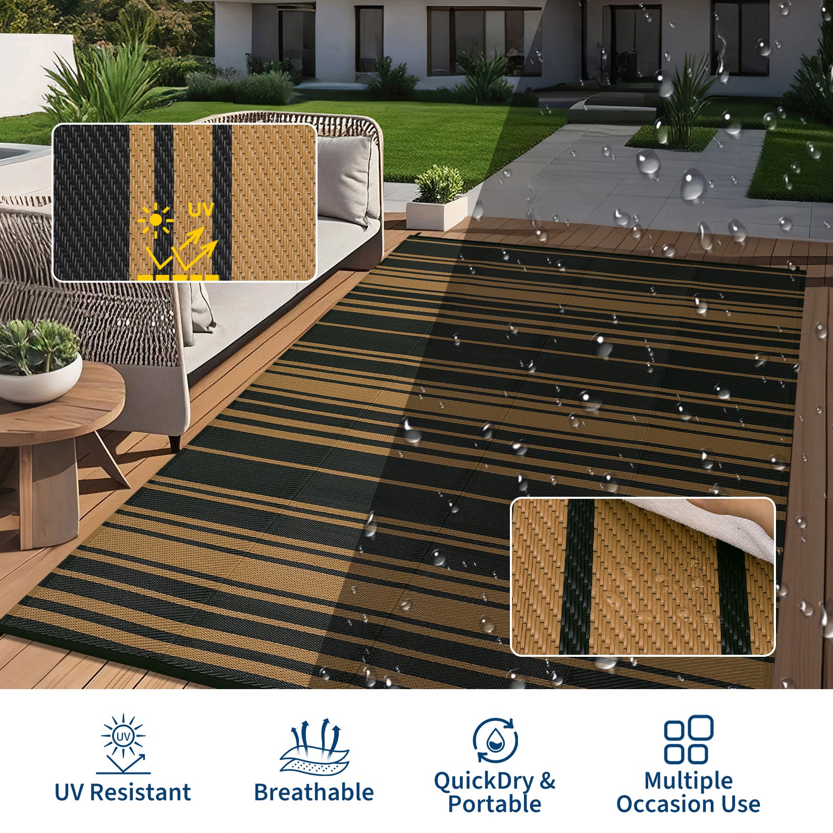 Garvee Outdoor Black Brown 9x12 Rug Waterproof Reversible Plastic Straw Durable UV-Resistant Foldable with Carry Bag for Patio Camping Deck