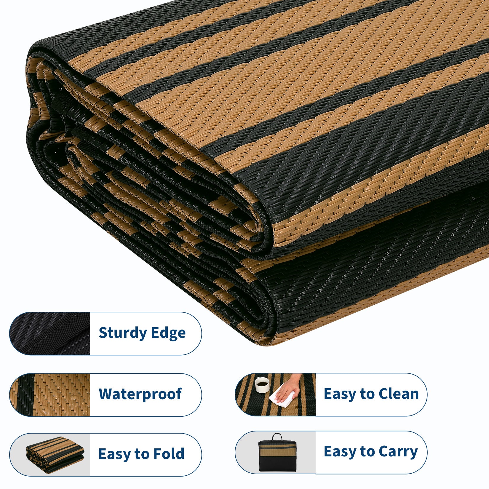 Garvee Outdoor Black Brown 9x12 Rug Waterproof Reversible Plastic Straw Durable UV-Resistant Foldable with Carry Bag for Patio Camping Deck