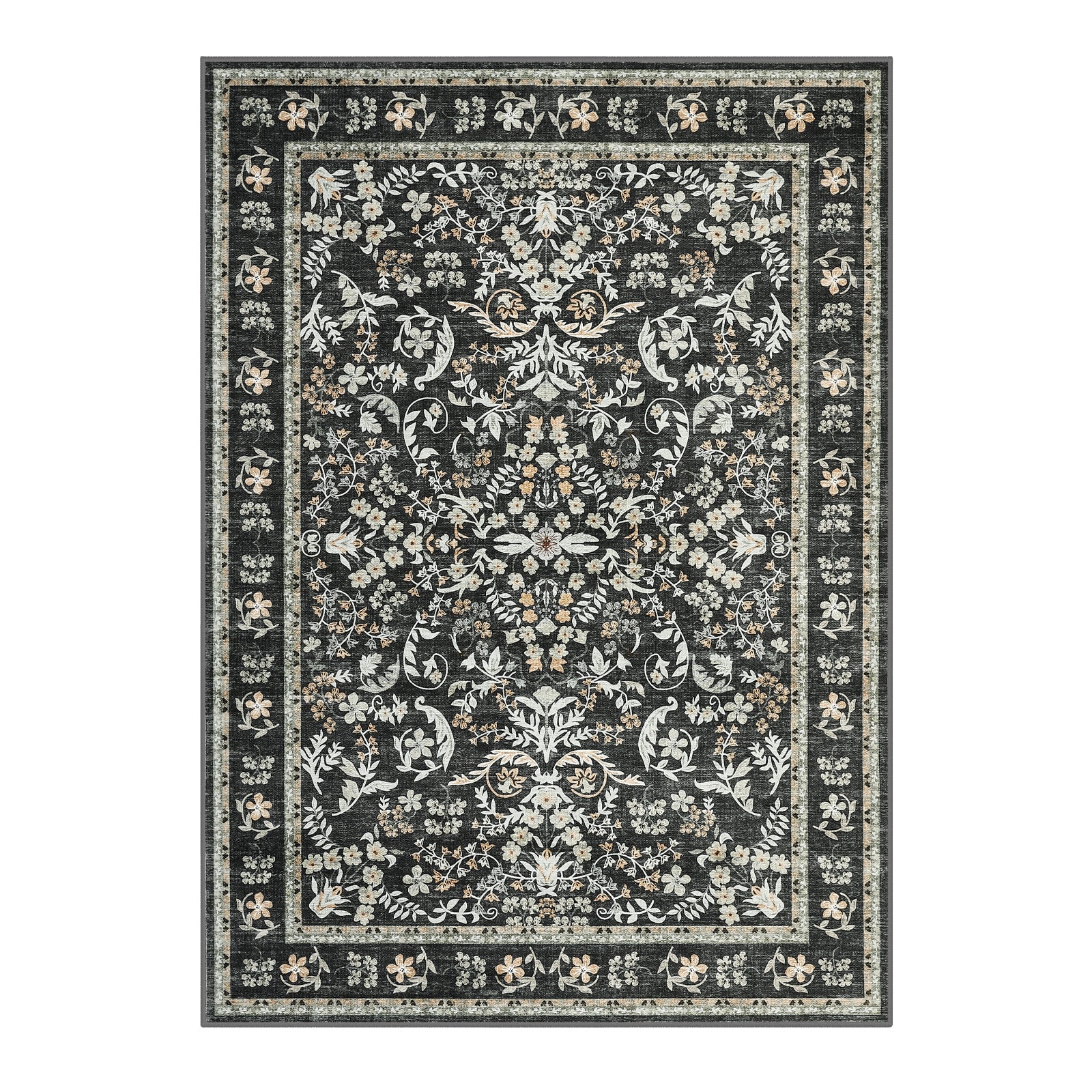 Garvee Washable Area Rug 5x7 Boho Floral Soft Low Pile Carpet Non Slip Black for Living Room Bedroom Dining Room Nursery Hallway
