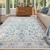 Garvee Washable Rug for Living Rooms, Vintage Floral Rug with Non Slip Rubber Backing, Soft Thin Low Pile Carpet, Indoor Non Shedding Floor Covering, Foldable Printed Accent Mat - Blue