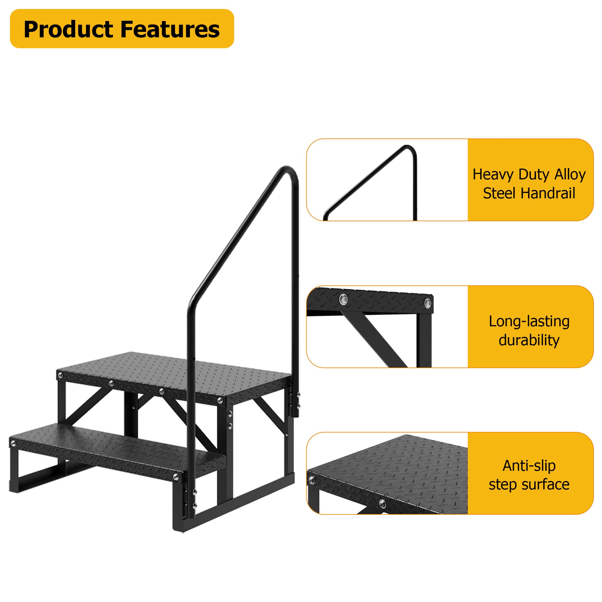 Garvee 2 Step RV Stairs, RV Steps with Handrail & Anti-Slip Panel - 660lb Capacity Portable Alloy Steel Ladder for Easy Access to RVs, Hot Tubs, and Travel Trailers