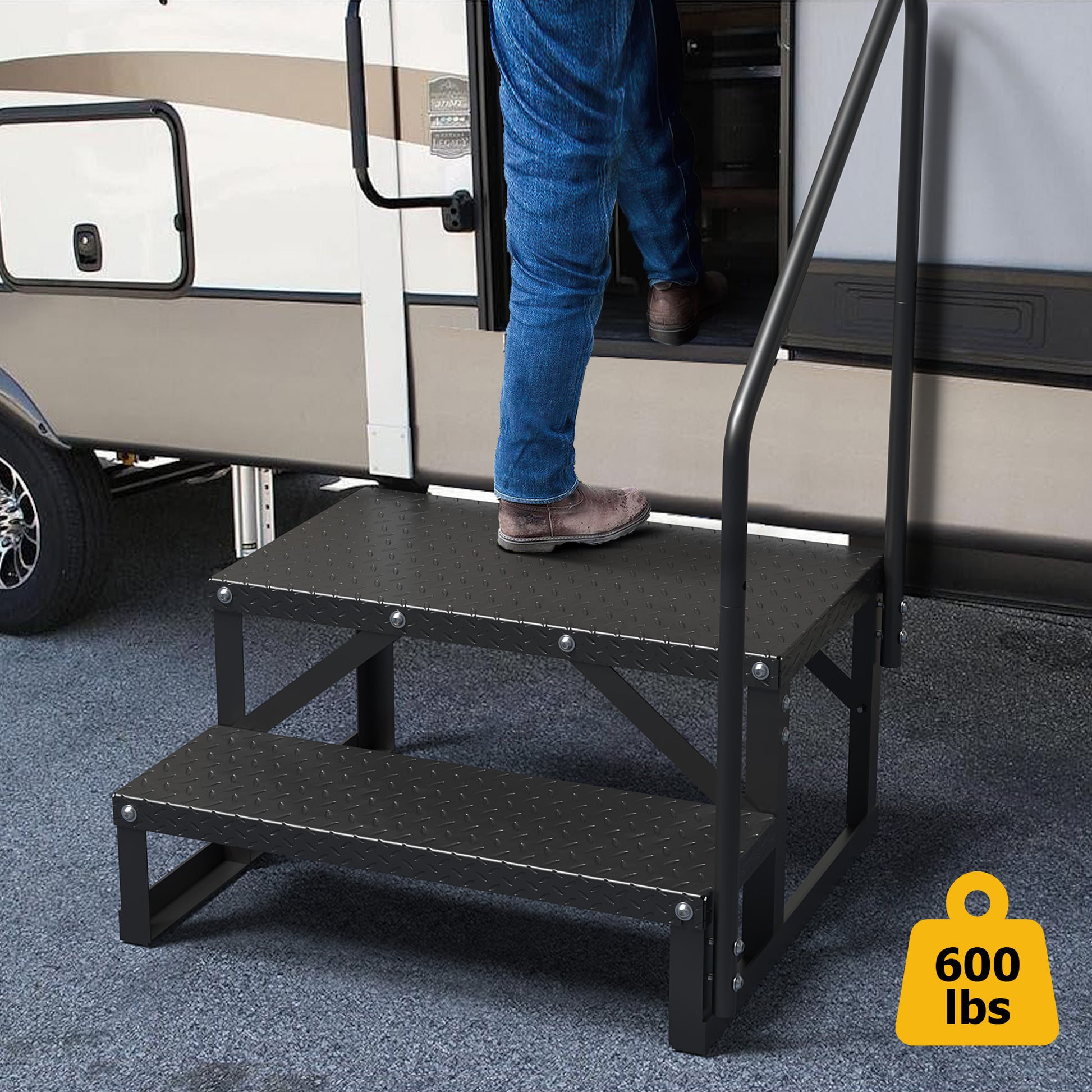 Garvee 2 Step RV Stairs, RV Steps with Handrail & Anti-Slip Panel - 660lb Capacity Portable Alloy Steel Ladder for Easy Access to RVs, Hot Tubs, and Travel Trailers