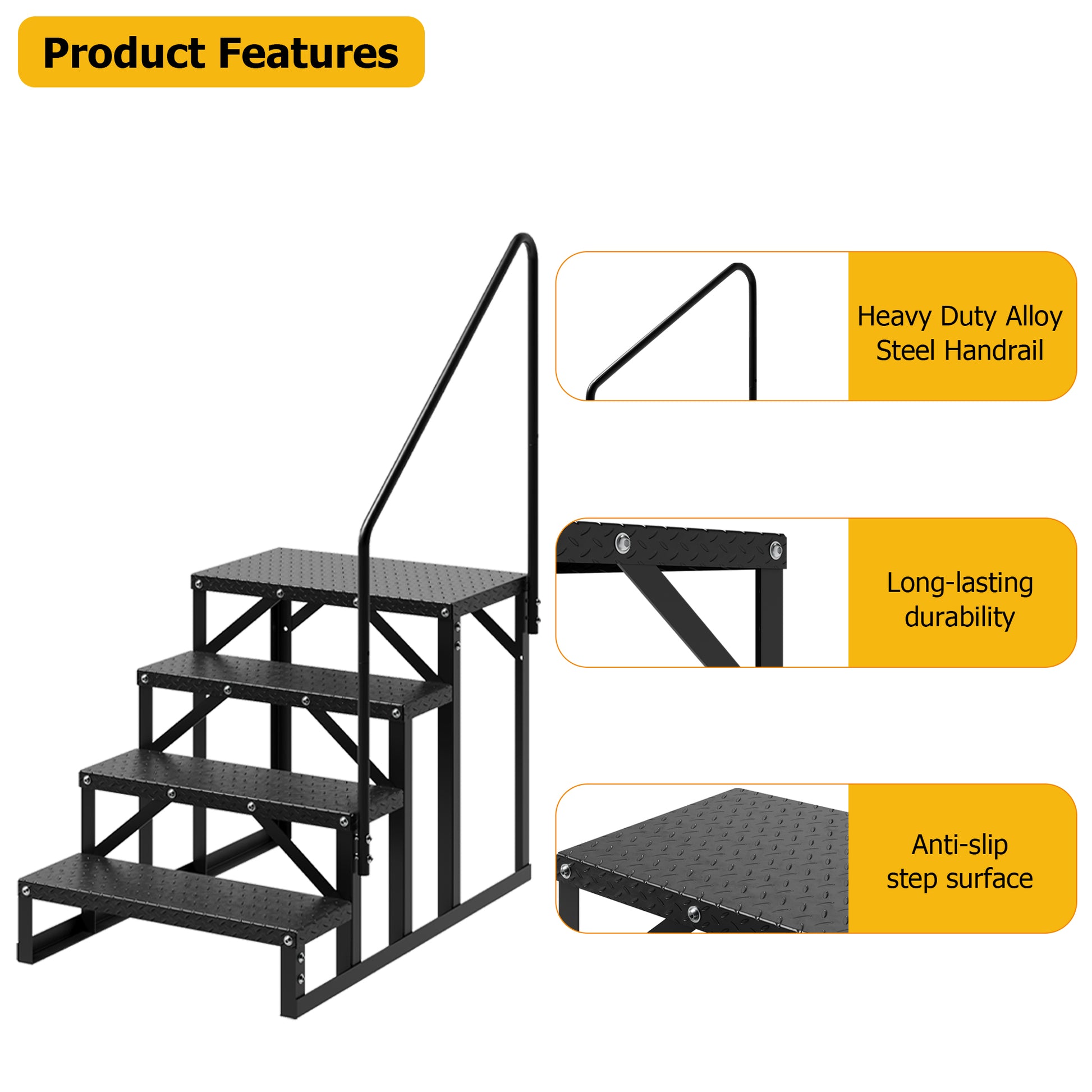 Garvee 4 Step RV Stairs with Handrail, 660lb Capacity with Anti-Slip Panel RV Steps, Alloy Steel Ladder for Easy Access to RVs, Hot Tubs, and Travel Trailers