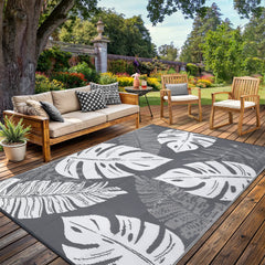 Garvee Outdoor Grey & White 8x10 Rug Waterproof Reversible Outdoor Plastic Straw Rug Modern Palm Leaves Patio Rug Indoor Outdoor Carpet RV Mat Outside for Patio Camp Balcony Deck Picnic - Gray & White
