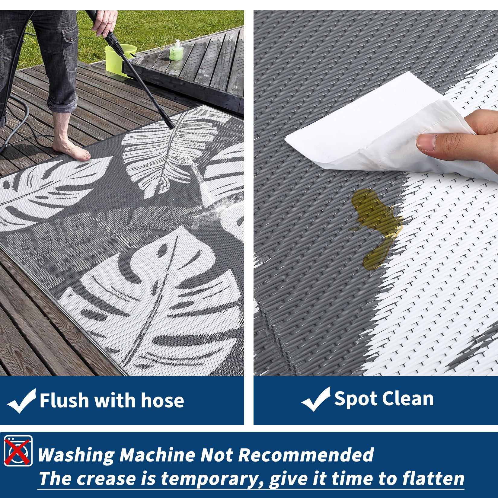 Garvee Outdoor Grey & White 5x8 Plastic Straw Rug, Waterproof Reversible Carpet for Patio, Deck, RV, Camping