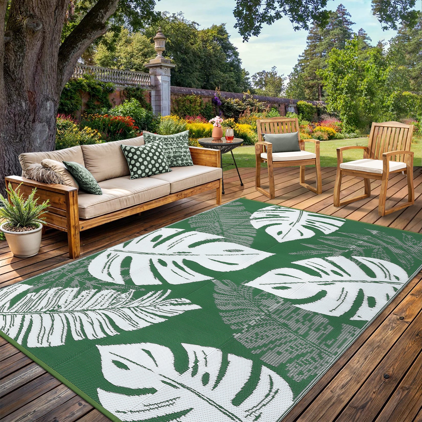 Garvee Outdoor Green 8x10 Rug Waterproof Reversible Outdoor Plastic Straw Rug Modern Palm Leaves Patio Rug Indoor Outdoor Carpet RV Mat Outside for Patio Camp Balcony Deck Picnic