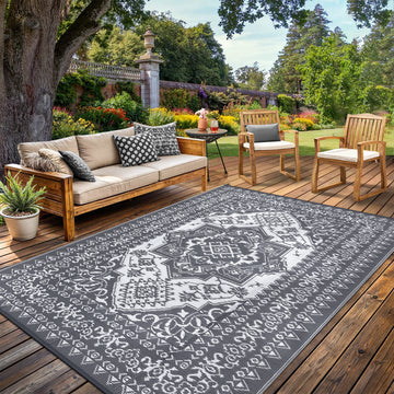 Garvee Outdoor Grey & White 9x12 Rug, Plastic Straw Waterproof Reversible Mat for Patio, Deck, RV, Camping Decor