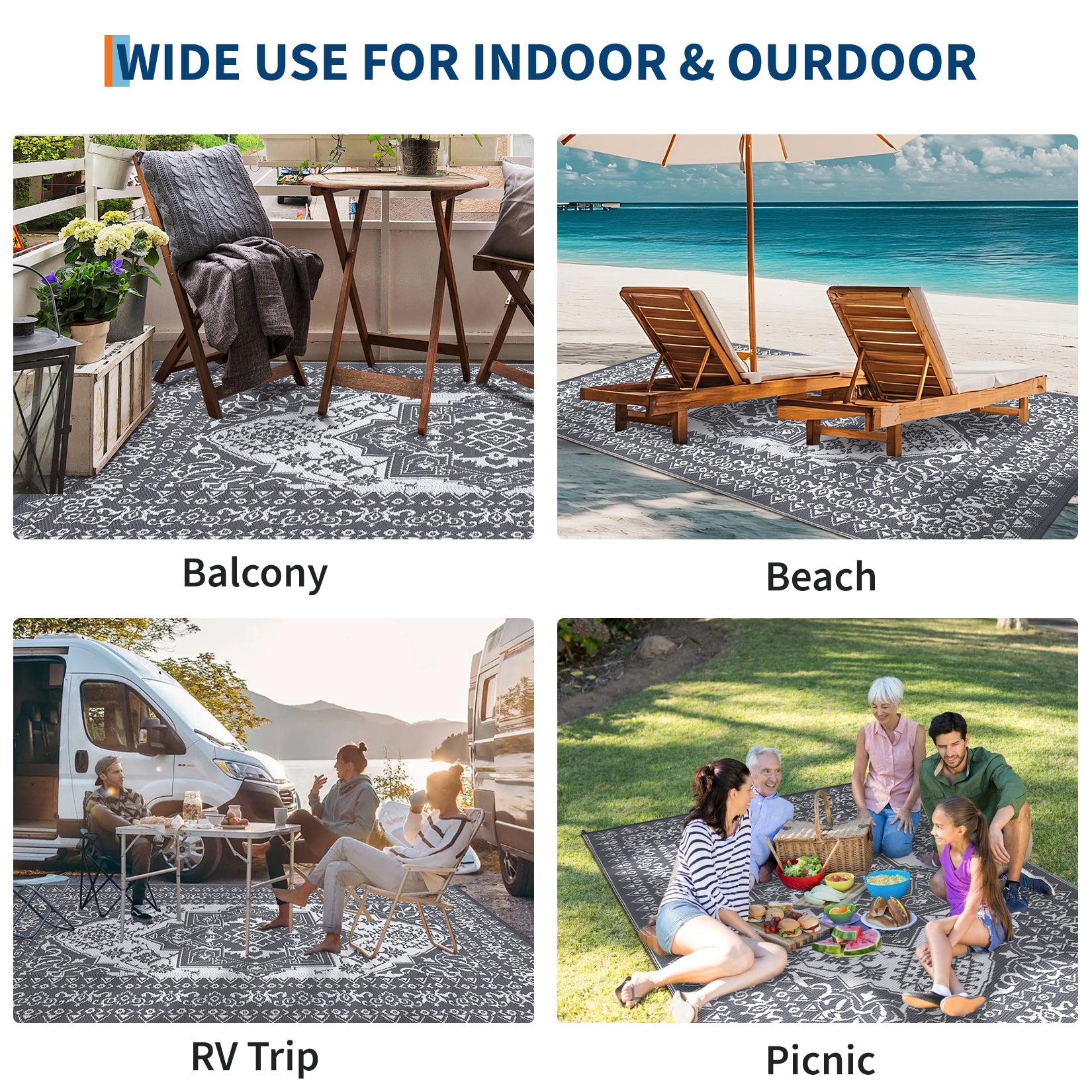 Garvee Outdoor Grey & White 8x10 Plastic Straw Rug, Waterproof Stain Resistant Reversible Carpet for Camping, Garden, Backyard, RV, Patio