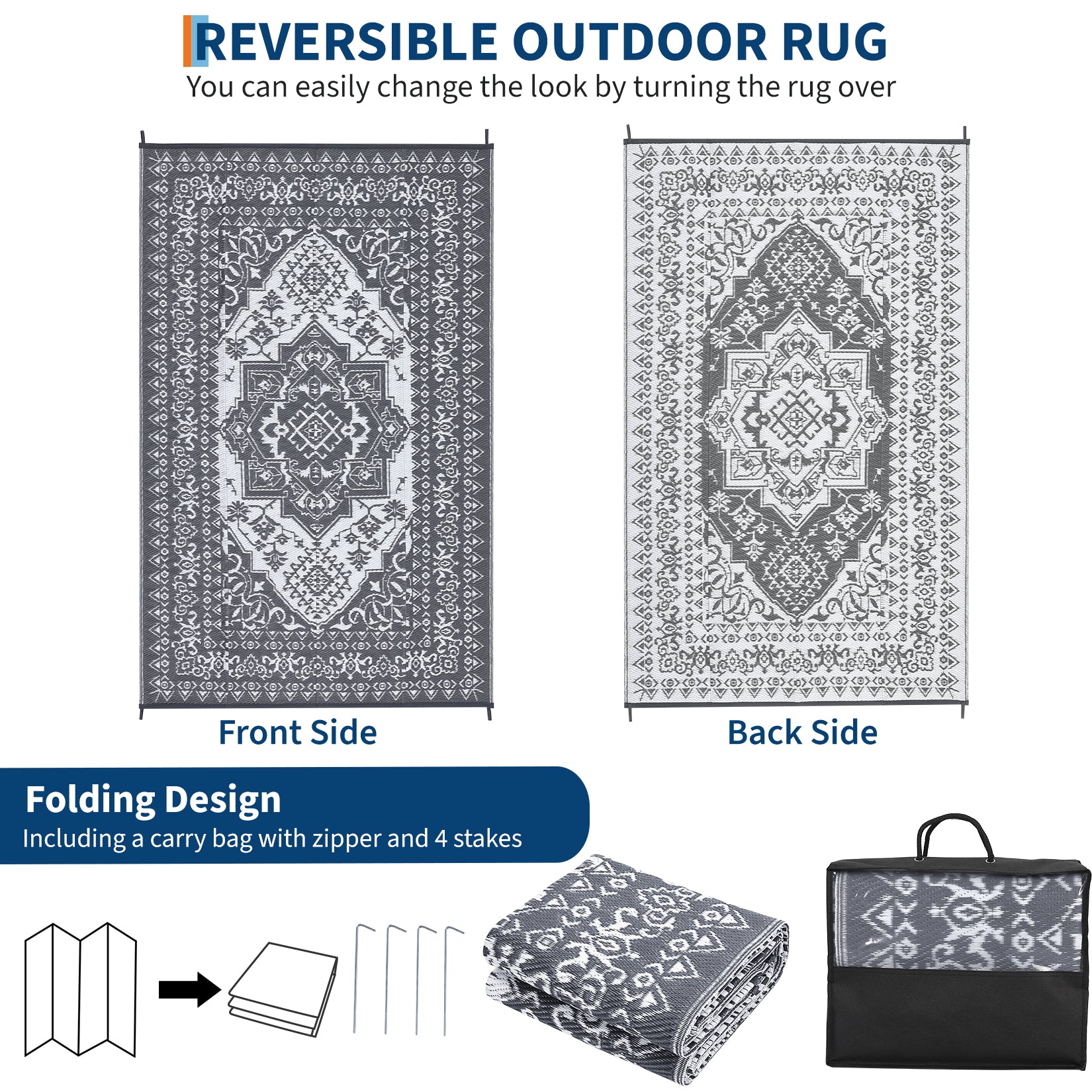 Garvee Outdoor Grey & White 8x10 Plastic Straw Rug, Waterproof Stain Resistant Reversible Carpet for Camping, Garden, Backyard, RV, Patio