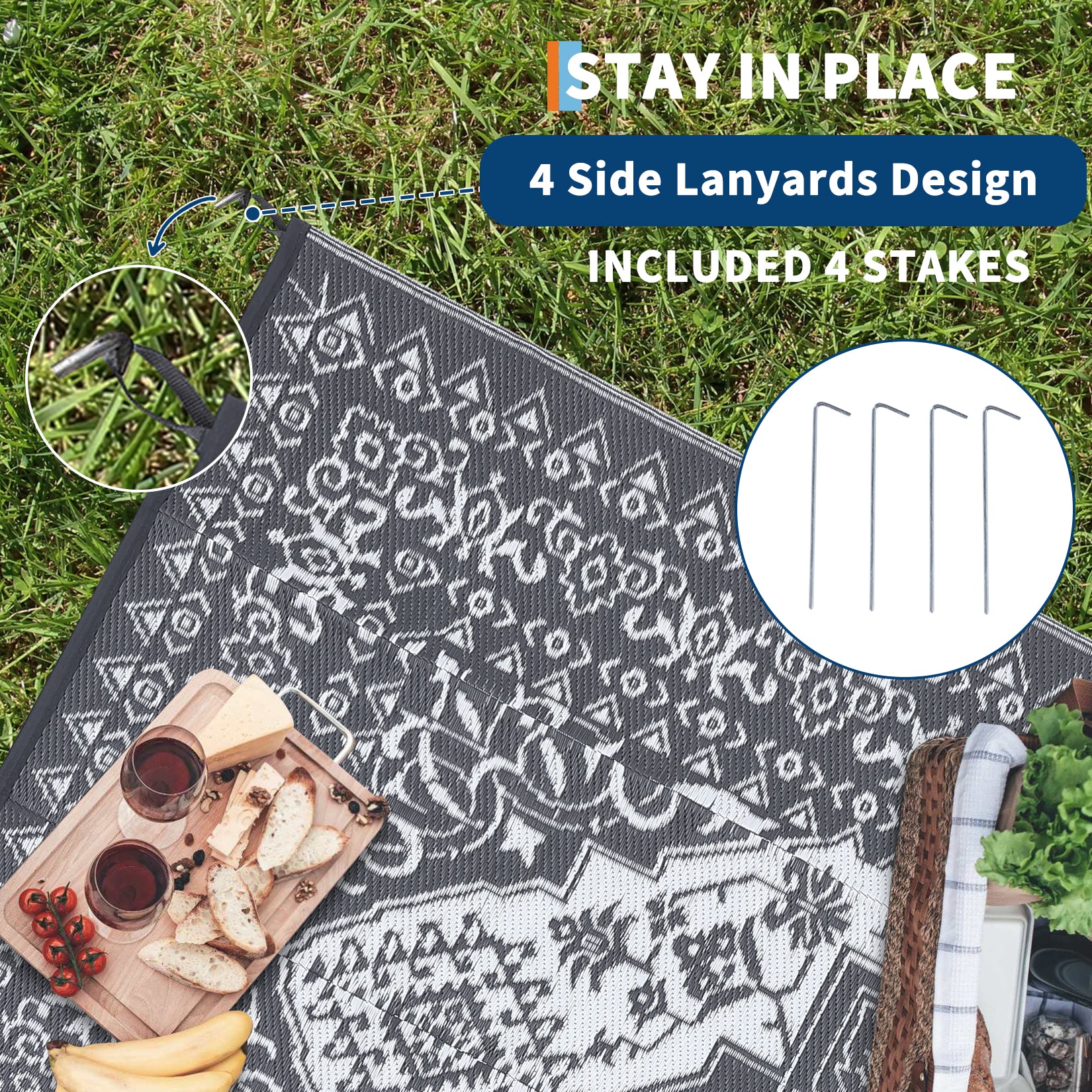 Garvee Outdoor Grey & White 8x10 Plastic Straw Rug, Waterproof Stain Resistant Reversible Carpet for Camping, Garden, Backyard, RV, Patio