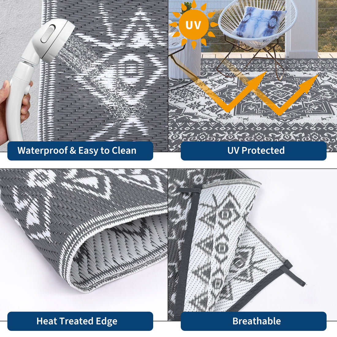 Garvee Outdoor Grey & White 8x10 Plastic Straw Rug, Waterproof Stain Resistant Reversible Carpet for Camping, Garden, Backyard, RV, Patio