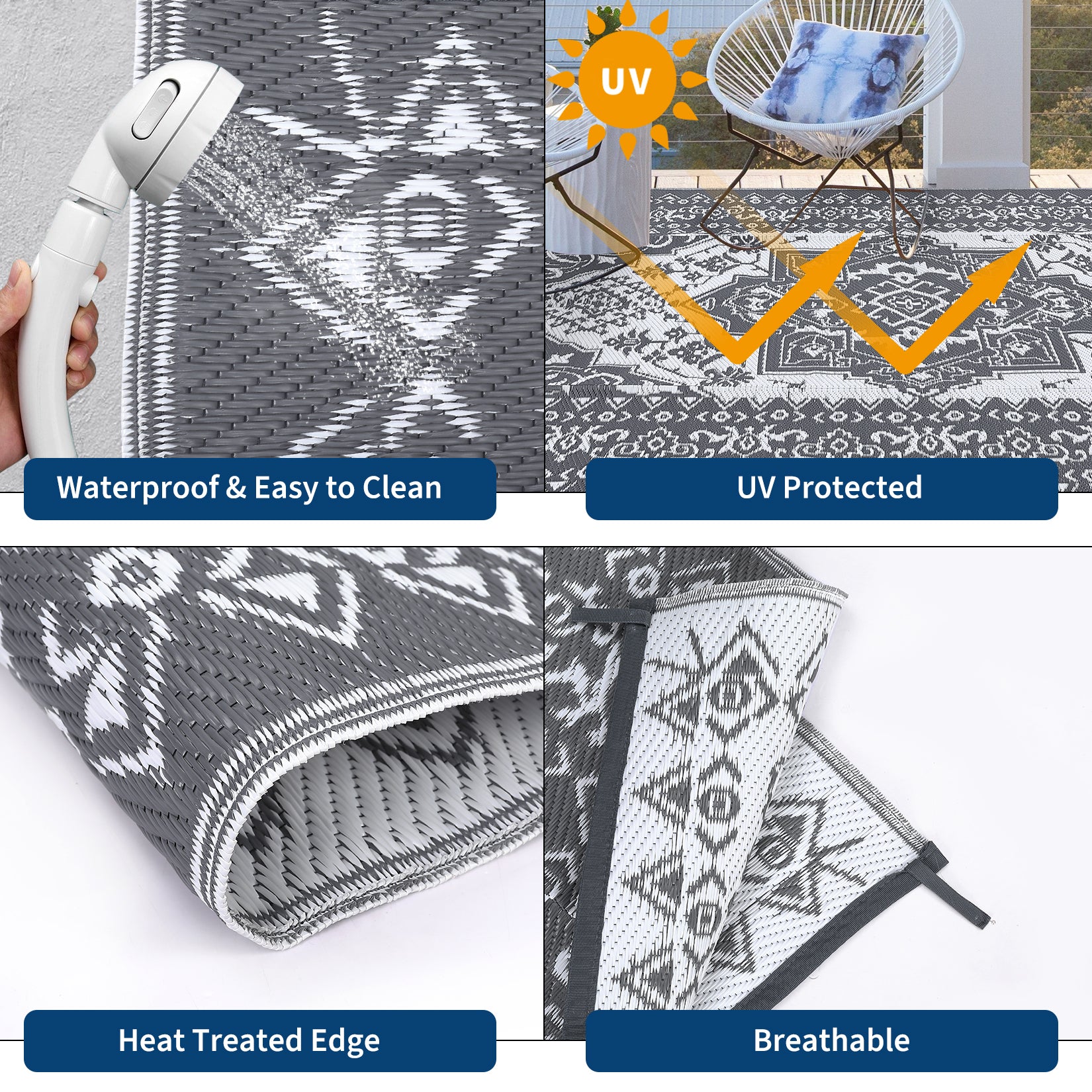 Garvee Outdoor Grey & White 8x10 Plastic Straw Rug, Waterproof Stain Resistant Reversible Carpet for Camping, Garden, Backyard, RV, Patio