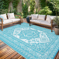 Garvee Outdoor Light Blue & White 9x18 Plastic Straw Rug, Waterproof Stain Resistant Reversible Carpet for Camping, Backyard, RV, Patio