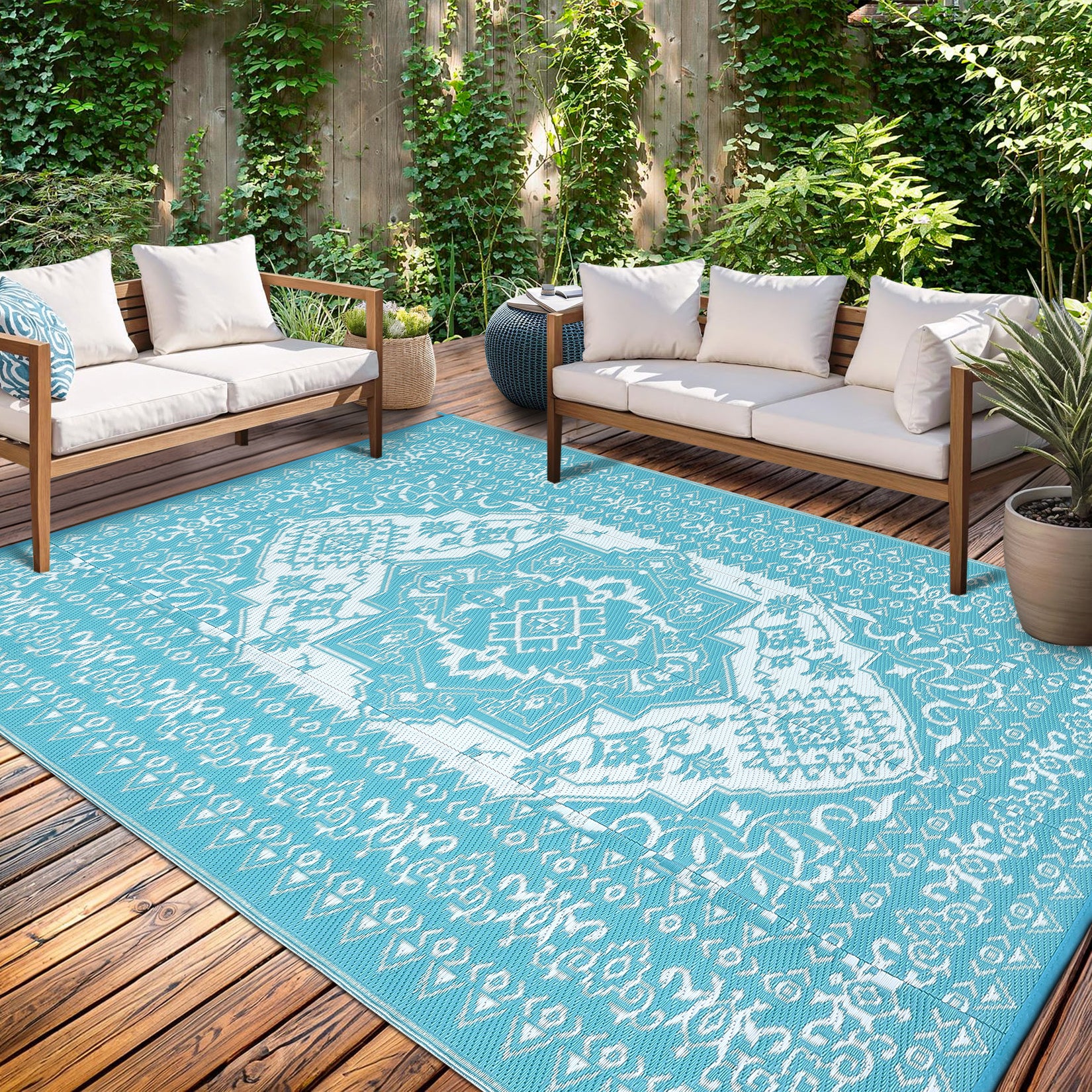 Garvee Outdoor Light Blue & White 8x10 Plastic Straw Rug, Waterproof Stain Resistant Reversible Carpet for Camping, Garden, Backyard, RV, Patio