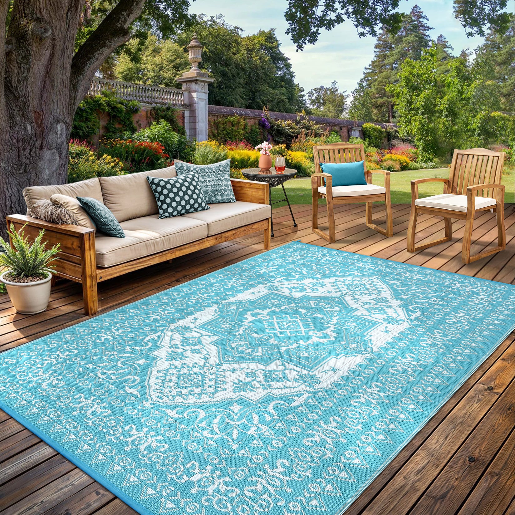 Garvee Outdoor Light Blue & White 8x10 Plastic Straw Rug, Waterproof Stain Resistant Reversible Carpet for Camping, Garden, Backyard, RV, Patio