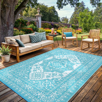 Garvee Outdoor Light Blue & White 8x10 Plastic Straw Rug, Waterproof Stain Resistant Reversible Carpet for Camping, Garden, Backyard, RV, Patio