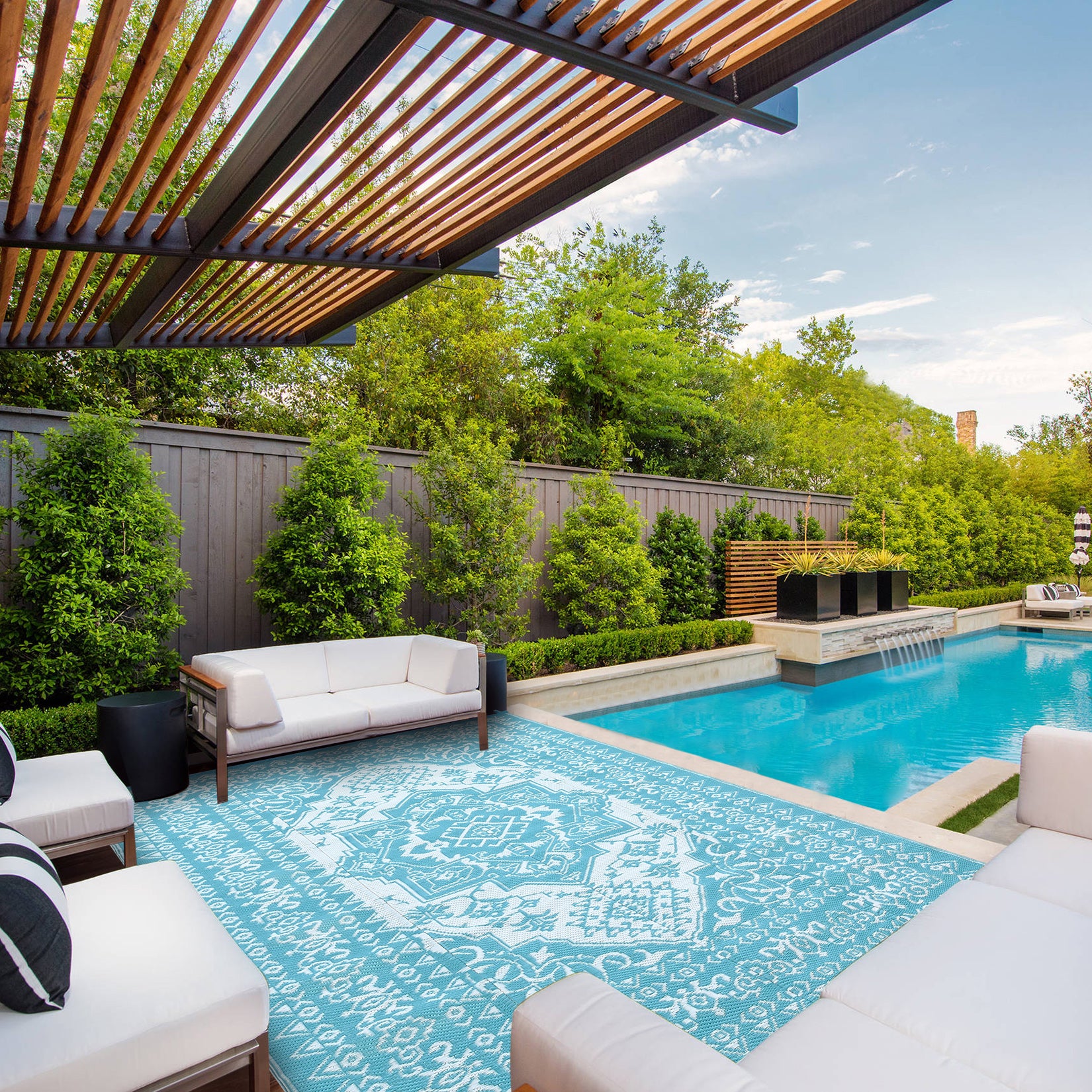 Garvee Outdoor Light Blue & White 8x10 Plastic Straw Rug, Waterproof Stain Resistant Reversible Carpet for Camping, Garden, Backyard, RV, Patio