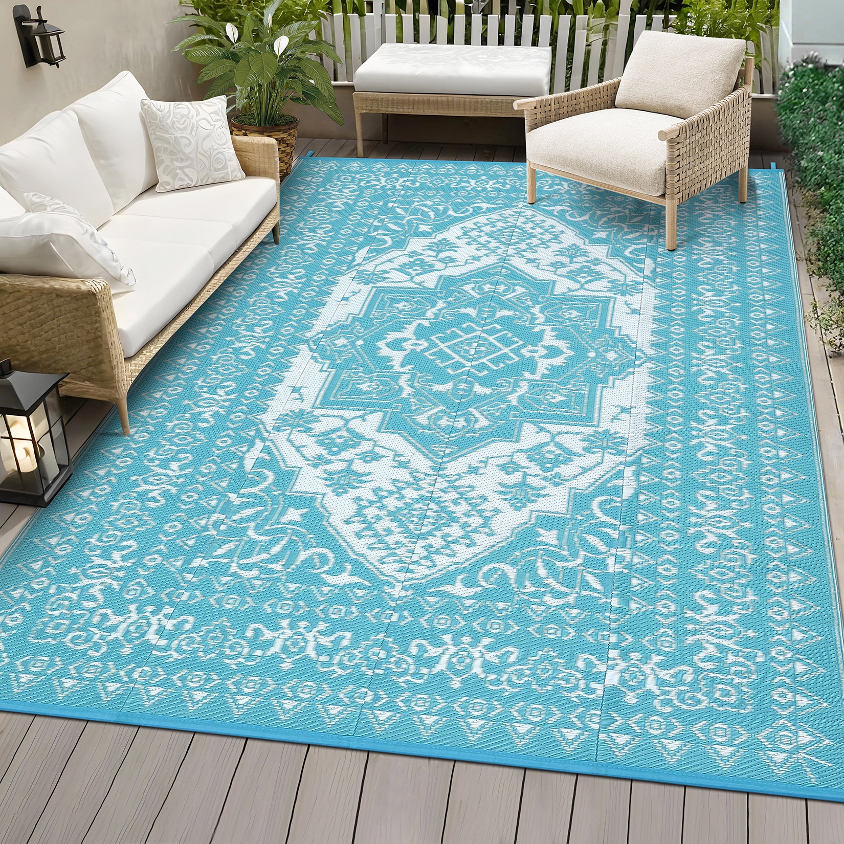 Garvee Outdoor Light Blue & White 8x10 Plastic Straw Rug, Waterproof Stain Resistant Reversible Carpet for Camping, Garden, Backyard, RV, Patio