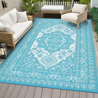 Garvee Outdoor Light Blue & White 8x10 Plastic Straw Rug, Waterproof Stain Resistant Reversible Carpet for Camping, Garden, Backyard, RV, Patio