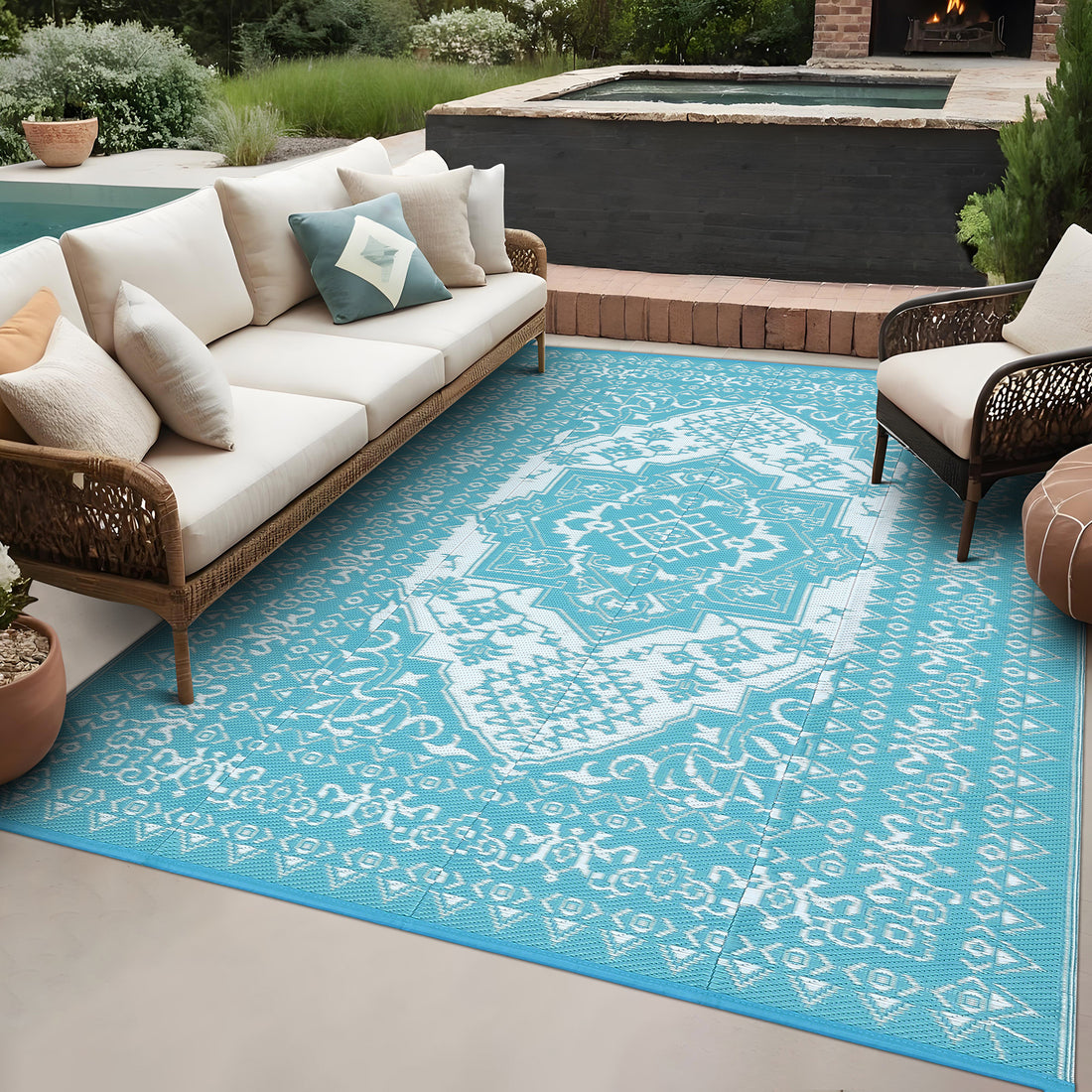 Garvee Outdoor Light Blue & White 9x18 Plastic Straw Rug, Waterproof Stain Resistant Reversible Carpet for Camping, Backyard, RV, Patio