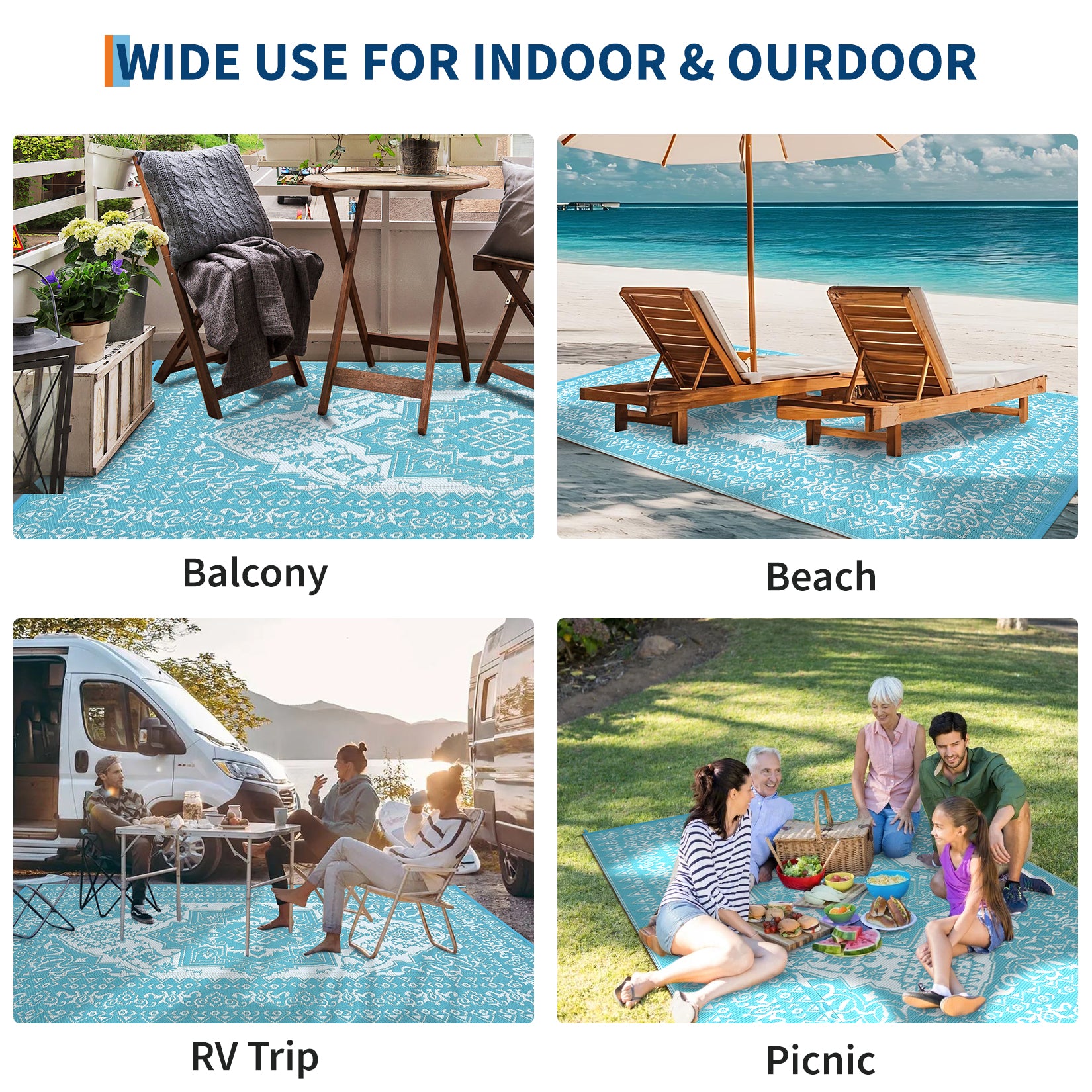 Garvee Outdoor Light Blue & White 8x10 Plastic Straw Rug, Waterproof Stain Resistant Reversible Carpet for Camping, Garden, Backyard, RV, Patio