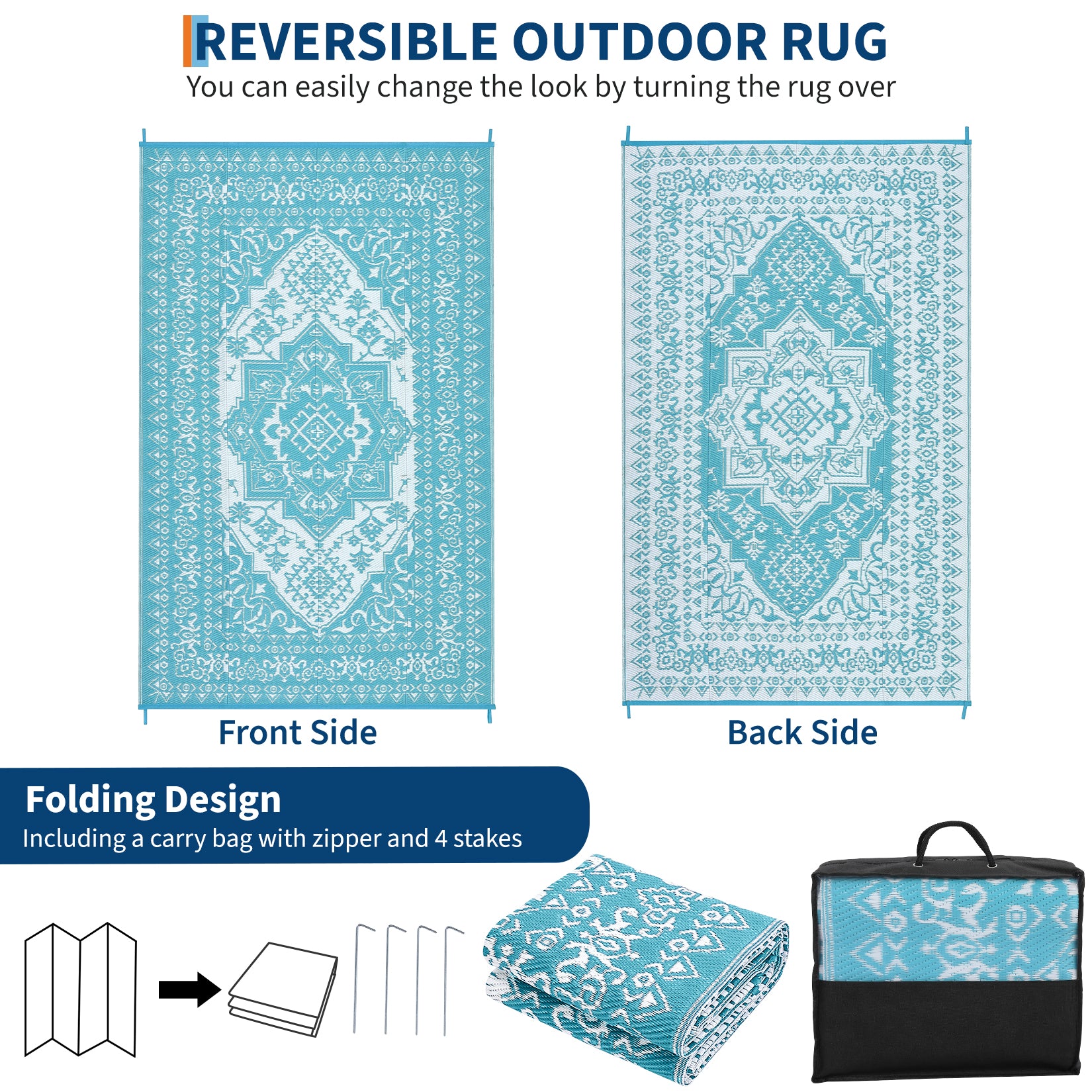 Garvee Outdoor Light Blue & White 9x12 Rug Plastic Straw Waterproof Reversible Mat for Patio, Deck, RV, Camping Decor