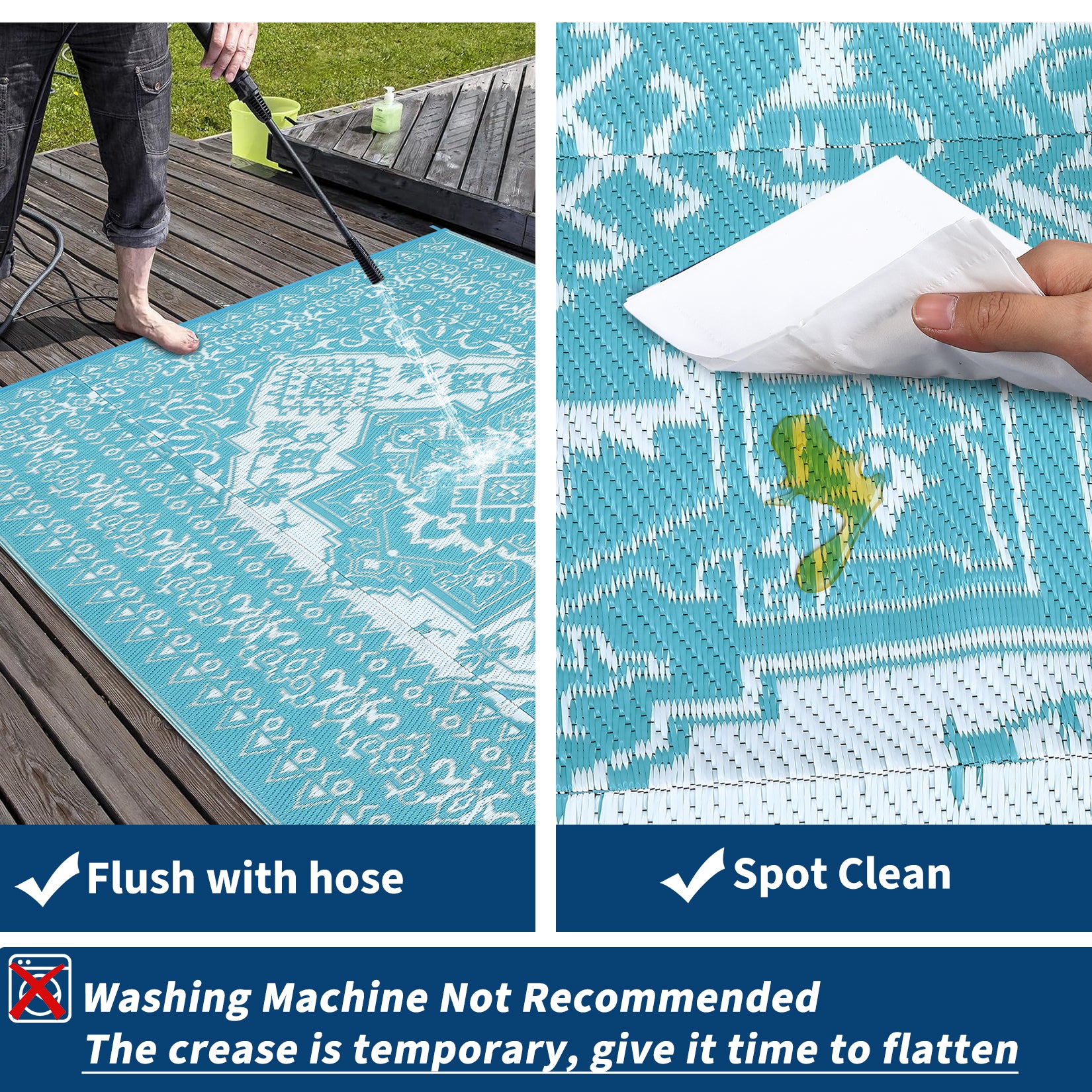 Garvee Outdoor Light Blue & White 8x10 Plastic Straw Rug, Waterproof Stain Resistant Reversible Carpet for Camping, Garden, Backyard, RV, Patio