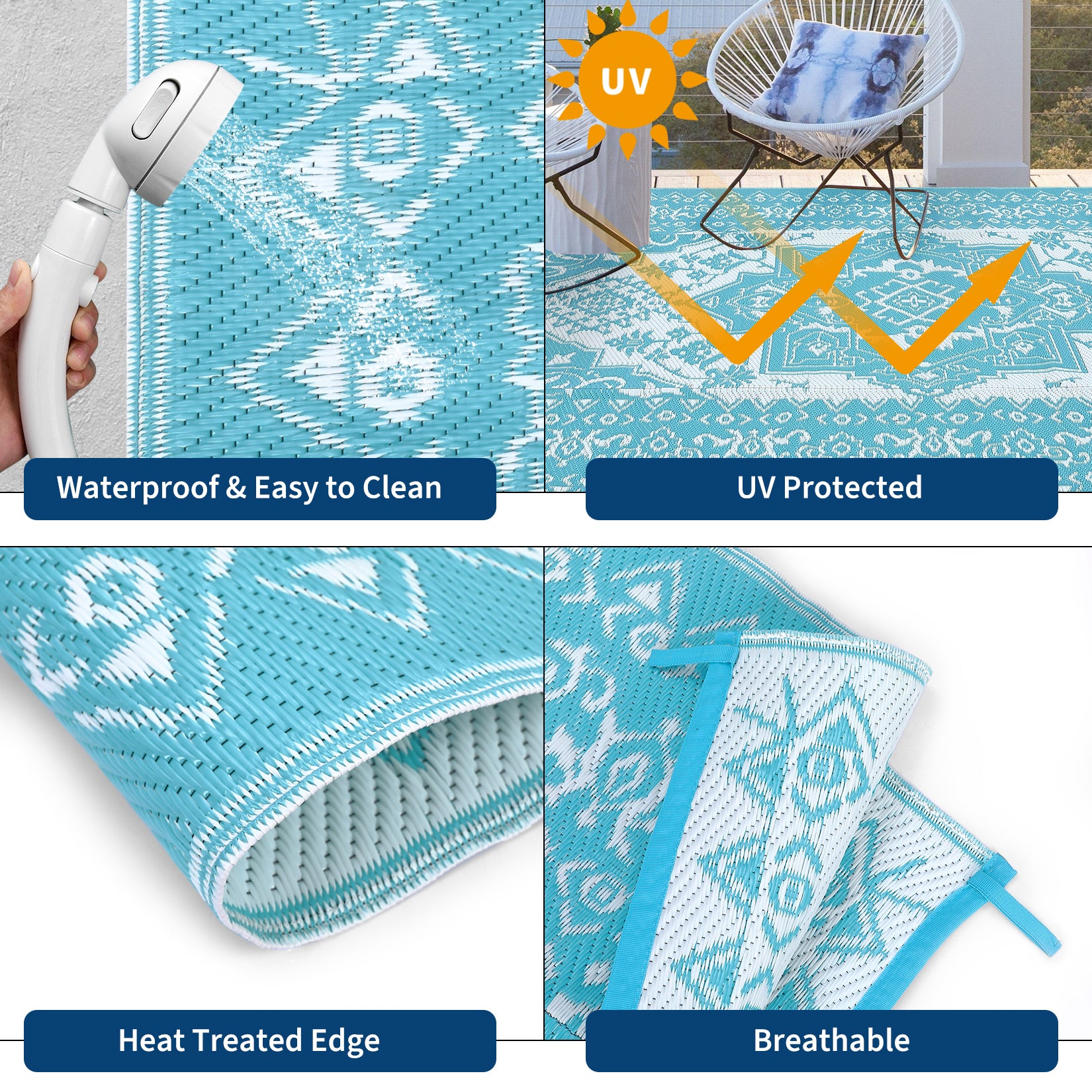 Garvee Outdoor Light Blue & White 9x12 Rug Plastic Straw Waterproof Reversible Mat for Patio, Deck, RV, Camping Decor