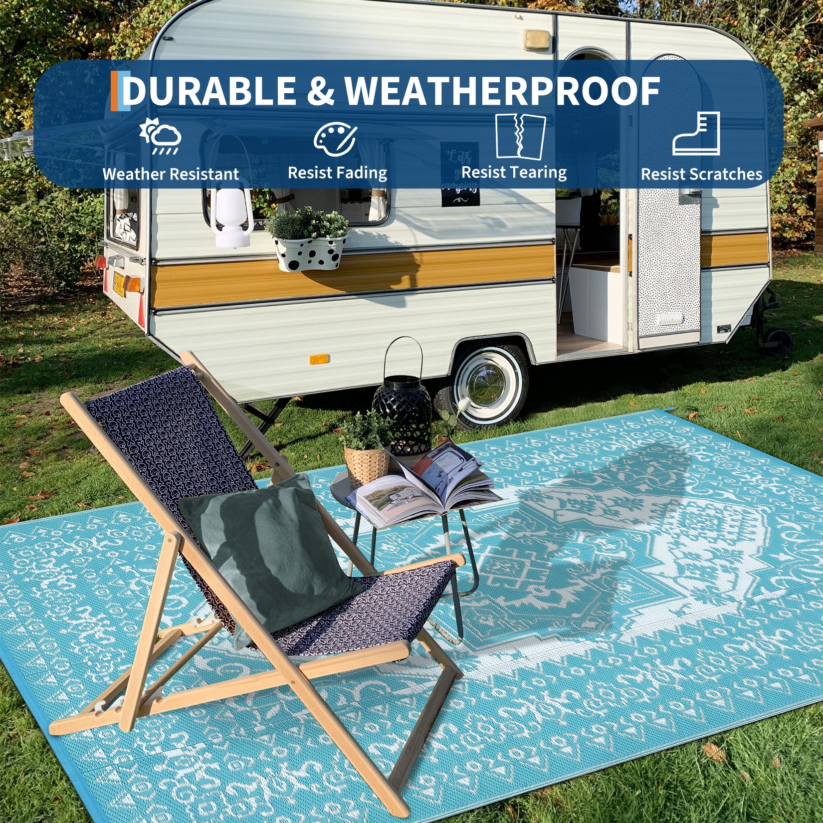 Garvee Outdoor Light Blue & White 9x12 Rug Plastic Straw Waterproof Reversible Mat for Patio, Deck, RV, Camping Decor