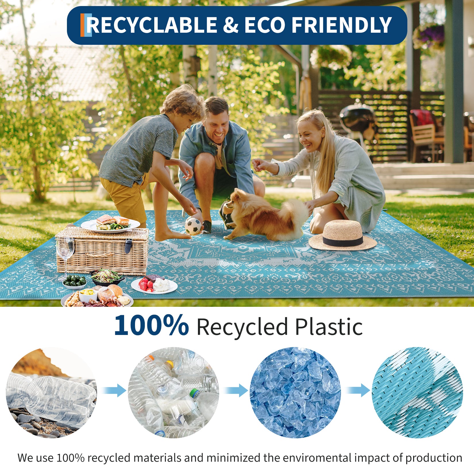 Garvee Outdoor Light Blue & White 8x10 Plastic Straw Rug, Waterproof Stain Resistant Reversible Carpet for Camping, Garden, Backyard, RV, Patio