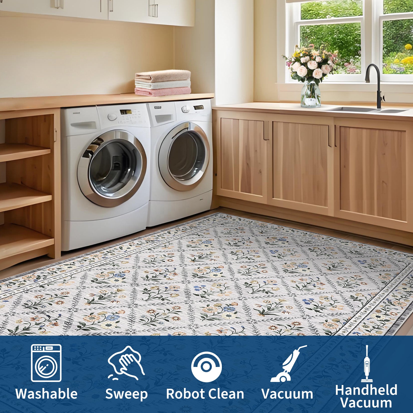 Garvee Grey Modern Foldable Area Rugs Vintage Striped Low Pile Carpet Indoor Living Room Bedroom 10x13ft