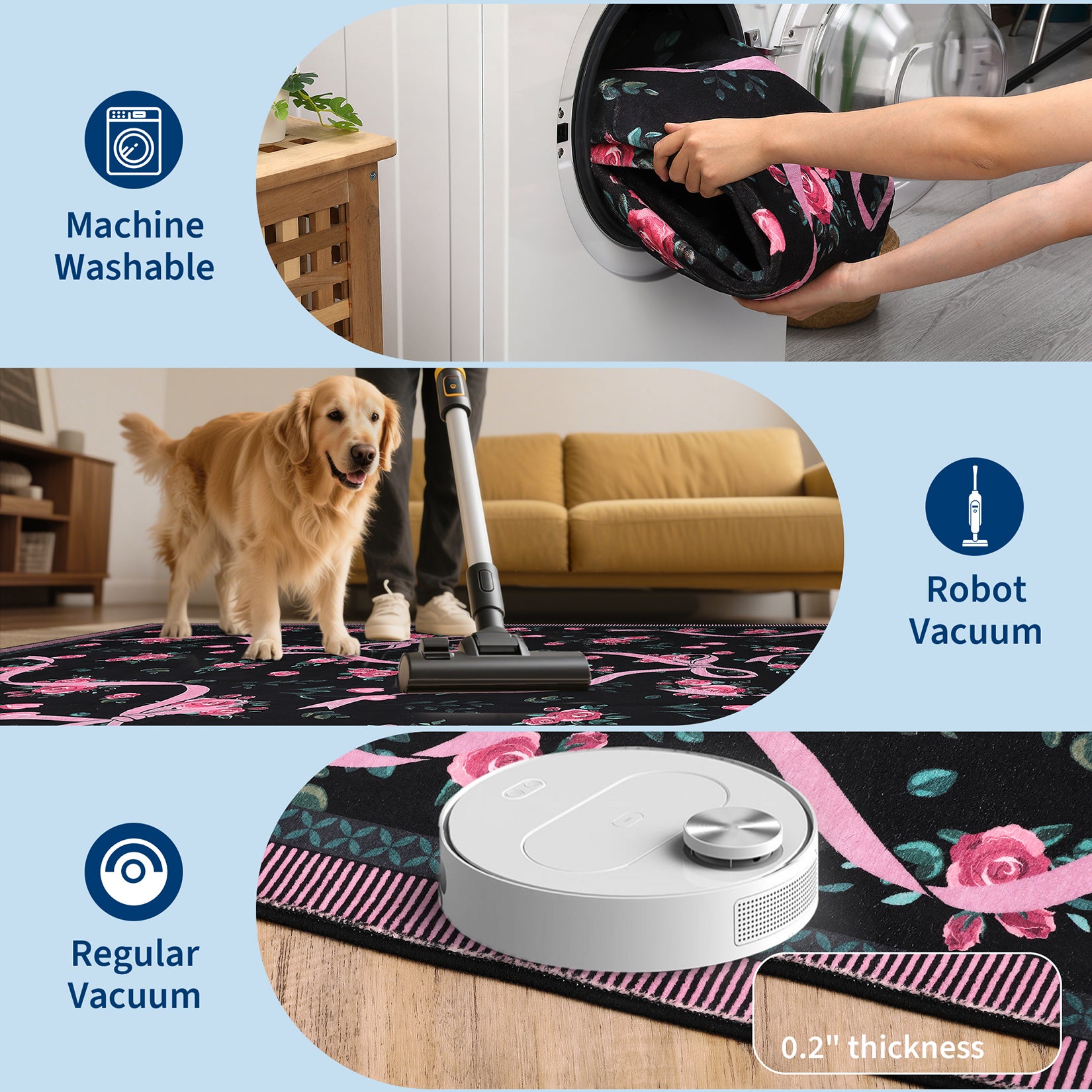 Garvee Modern Bowknot Printed Runner Rug Low Pile Soft Washable Polyester Non-Shedding Foldable Indoor Bedroom Living Room Bathroom 2x6 ft Black