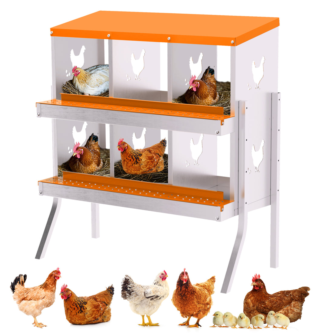 Garvee 6-Hole Bracket Legs Chicken Nesting Box Galvanized Steel Rustproof Automatic Egg Collection Ventilated Easy Install Wall or Freestanding for Chicken Coop