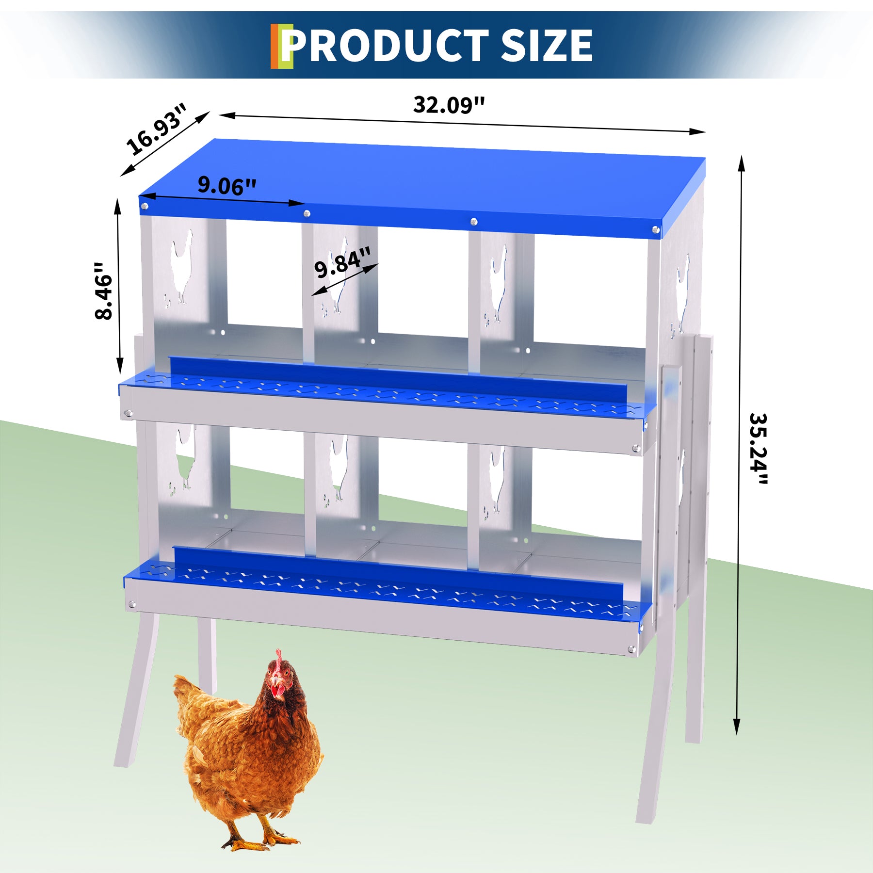 Garvee 6-Hole Bracket Legs Chicken Nesting Box Galvanized Steel Rustproof Automatic Egg Collection Ventilated Easy Install Wall or Freestanding for Chicken Coop Blue
