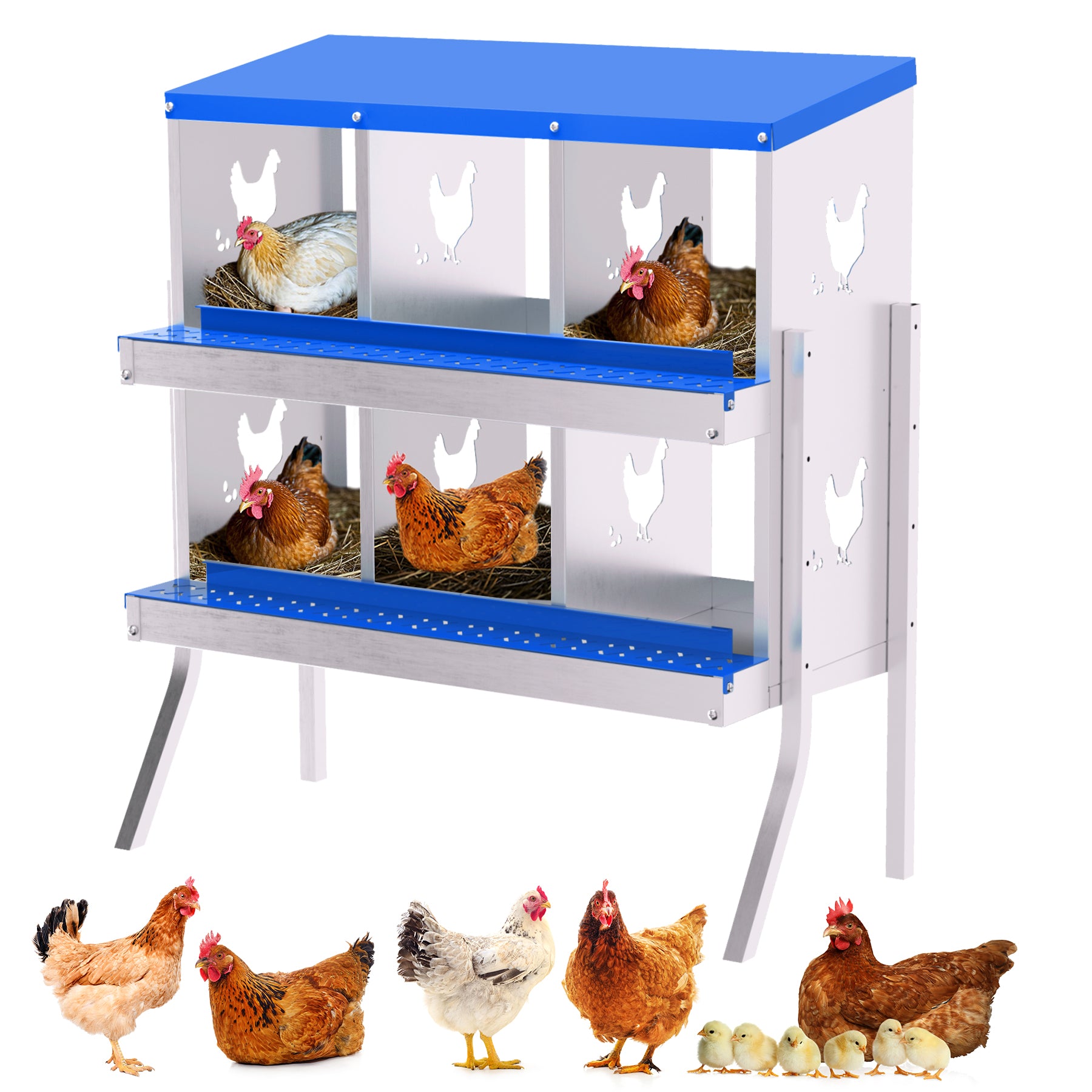Garvee 6-Hole Bracket Legs Chicken Nesting Box Galvanized Steel Rustproof Automatic Egg Collection Ventilated Easy Install Wall or Freestanding for Chicken Coop Blue