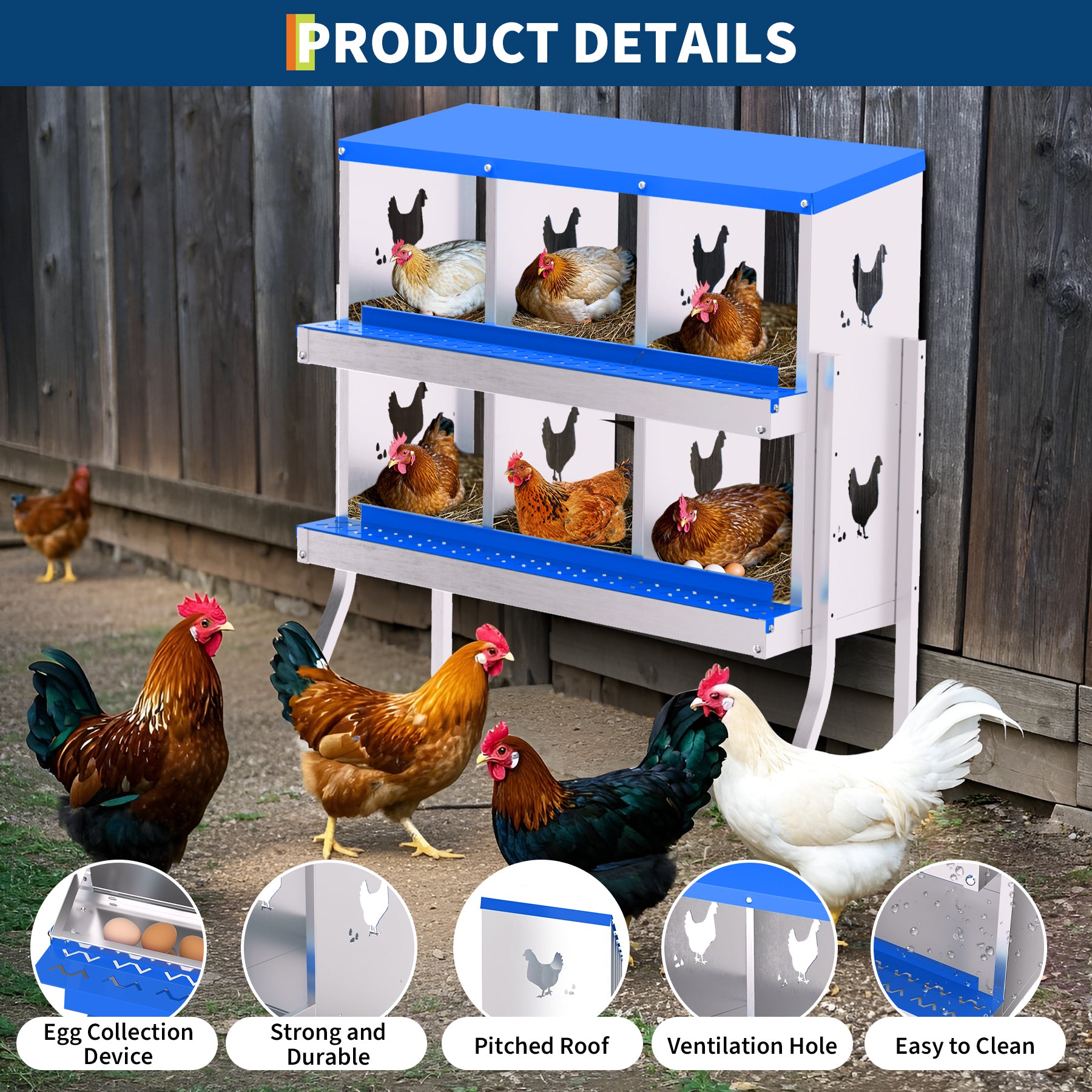 Garvee 6-Hole Bracket Legs Chicken Nesting Box Galvanized Steel Rustproof Automatic Egg Collection Ventilated Easy Install Wall or Freestanding for Chicken Coop Blue