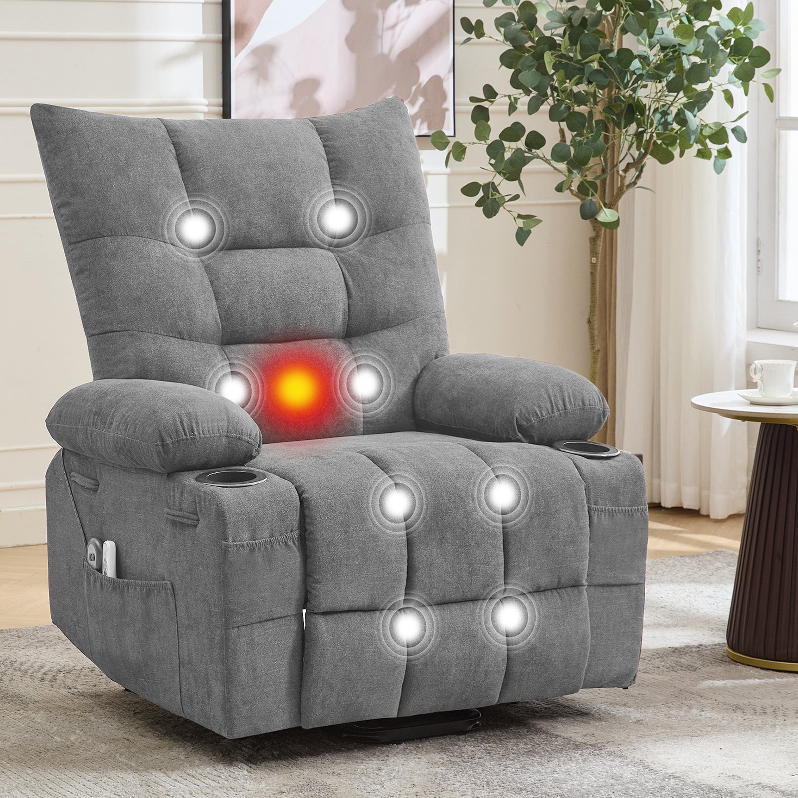 Garvee Power Lift Recliner Chair for Elderly, Oversized Standing Chair Recliner with Massage & Heat, Soft Padded Upholstery, Side Pocket & Cup Holders for Living Room, Bedroom, Grey