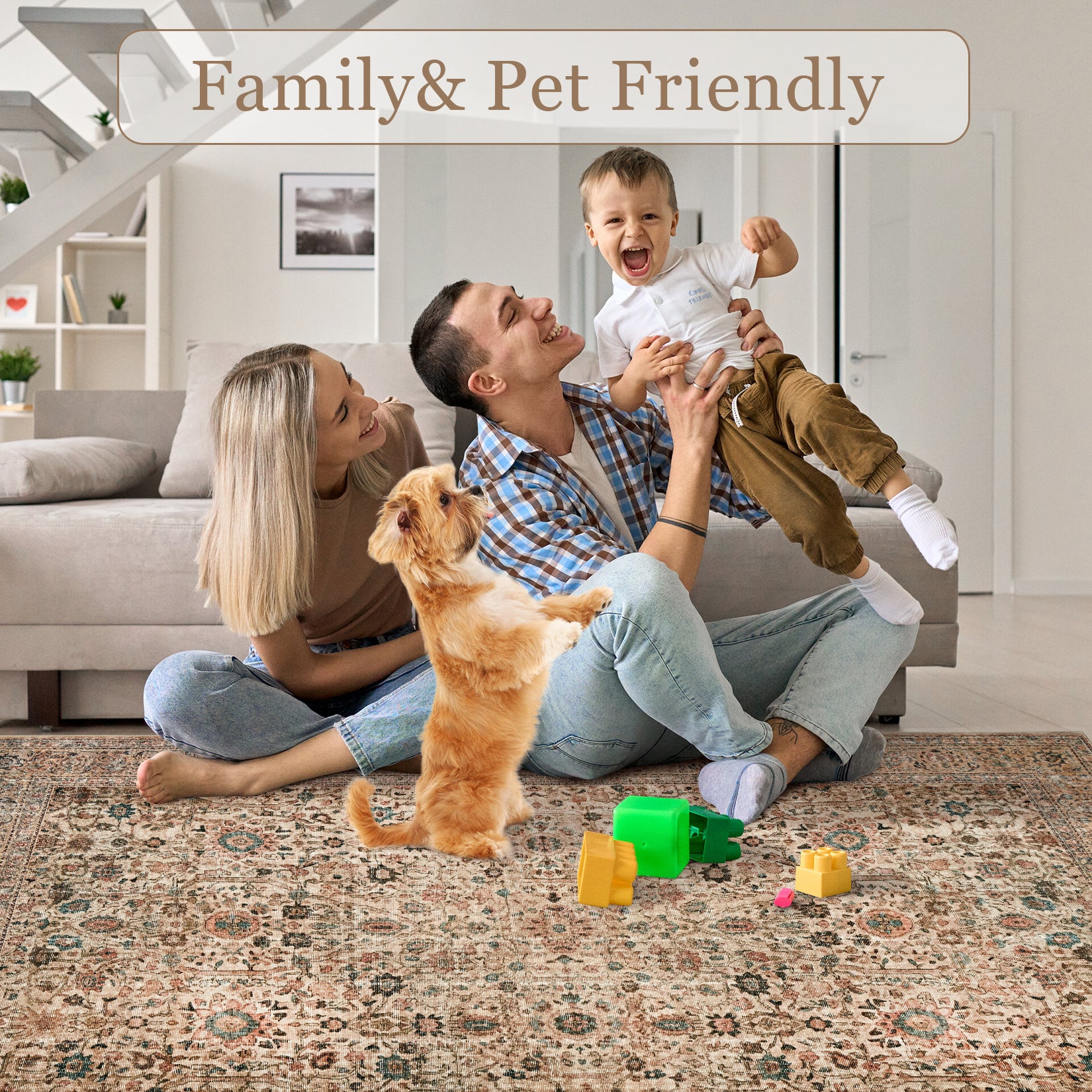 Garvee Persian Beige Camel 8x10 Vintage Floral Boho Area Rug Large Washable Non-Slip Low Pile Faux Wool for Living Room Bedroom