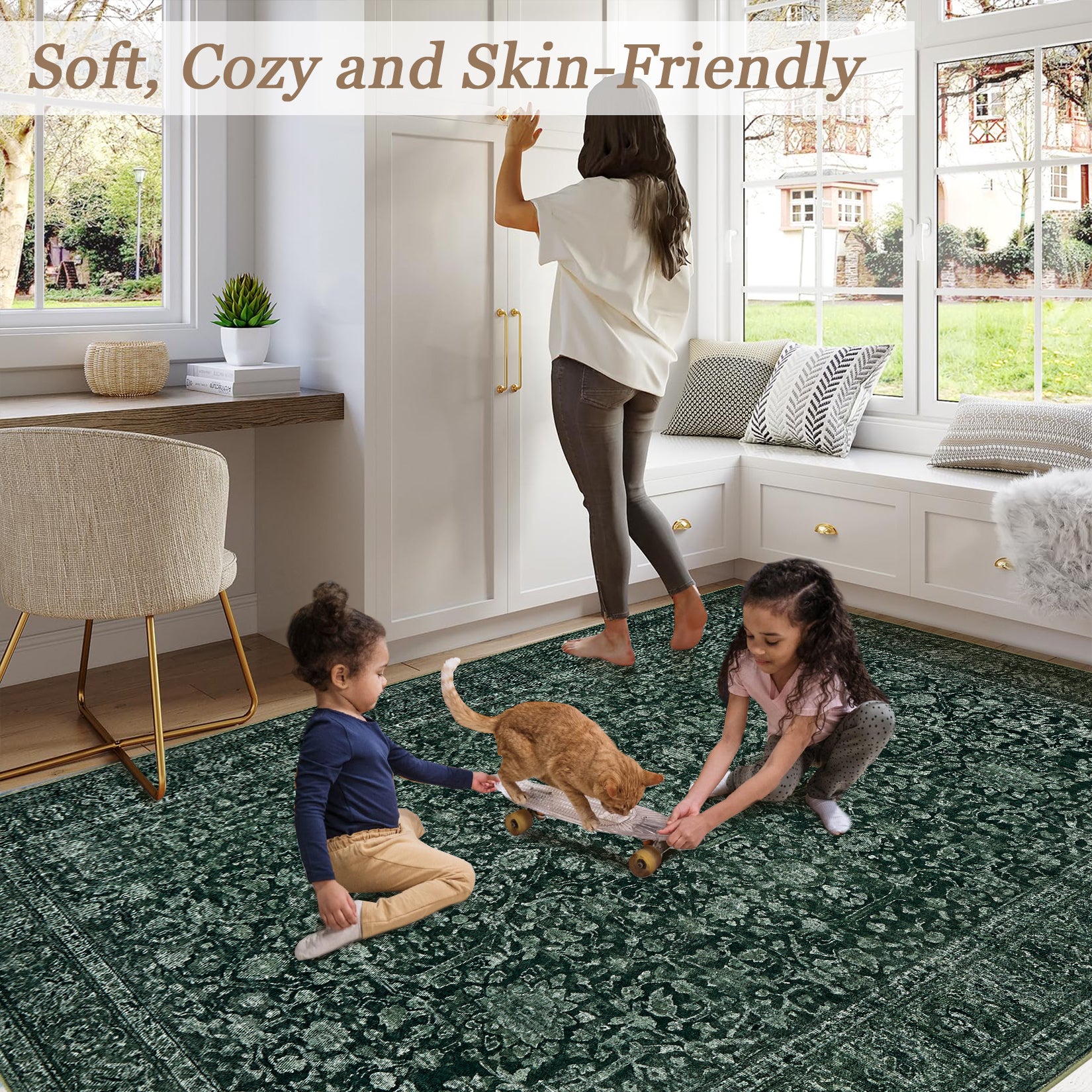 Garvee Persian Dark Green 8x10 Vintage Floral Boho Area Rug Large Low Pile Non-Slip Faux Wool Washable Indoor Living Bedroom Dining