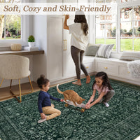 Garvee Persian Dark Green 8x10 Vintage Floral Boho Area Rug Large Low Pile Non-Slip Faux Wool Washable Indoor Living Bedroom Dining