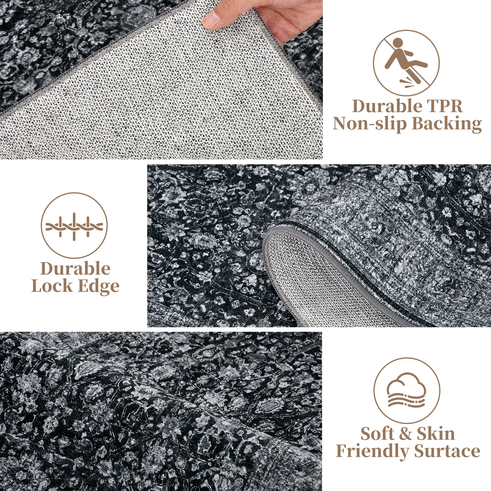 Garvee Persian Black 9x12 Vintage Floral Boho Area Rug - Washable, Non-Slip, Low Pile Faux Wool Carpet for Living Room, Bedroom, Dining Room, Kids & Pets Friendly