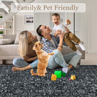 Garvee Persian Black 9x12 Vintage Floral Boho Area Rug - Washable, Non-Slip, Low Pile Faux Wool Carpet for Living Room, Bedroom, Dining Room, Kids & Pets Friendly