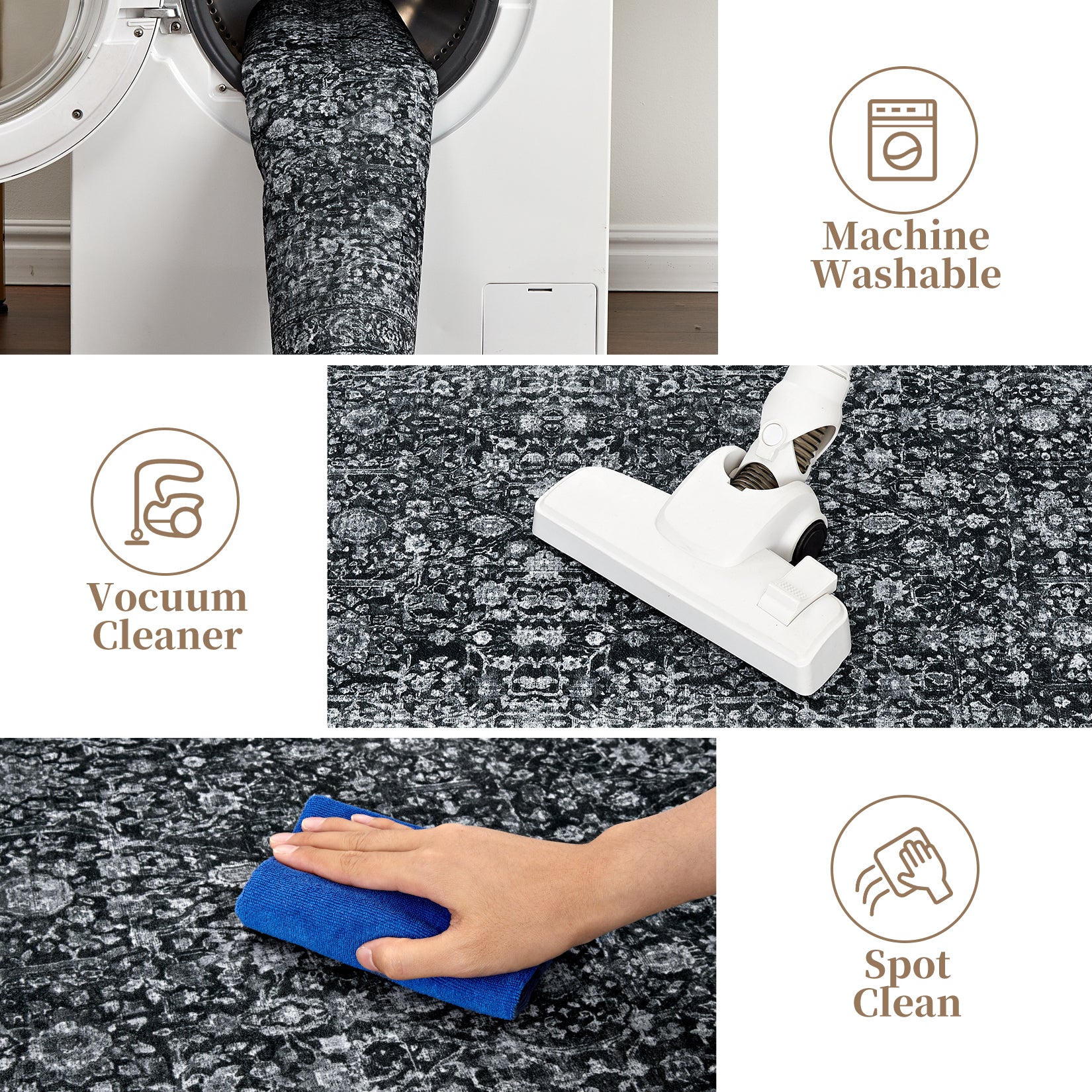 Garvee Persian Black 9x12 Vintage Floral Boho Area Rug - Washable, Non-Slip, Low Pile Faux Wool Carpet for Living Room, Bedroom, Dining Room, Kids & Pets Friendly