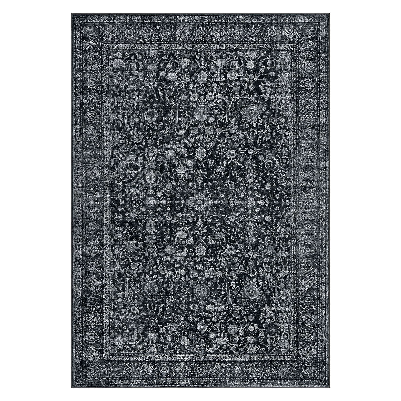 Garvee Persian Black 9x12 Vintage Floral Boho Area Rug - Washable, Non-Slip, Low Pile Faux Wool Carpet for Living Room, Bedroom, Dining Room, Kids & Pets Friendly