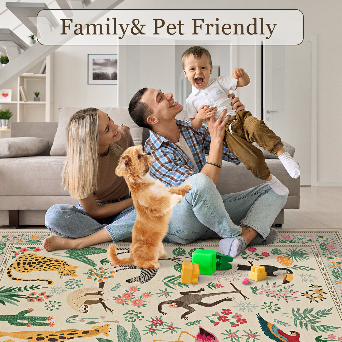 Garvee 10x13 Washable Animal Living Room Rug Non Slip Vintage Design Beige Low Pile Large Carpet for Bedroom Nursery Dining Room