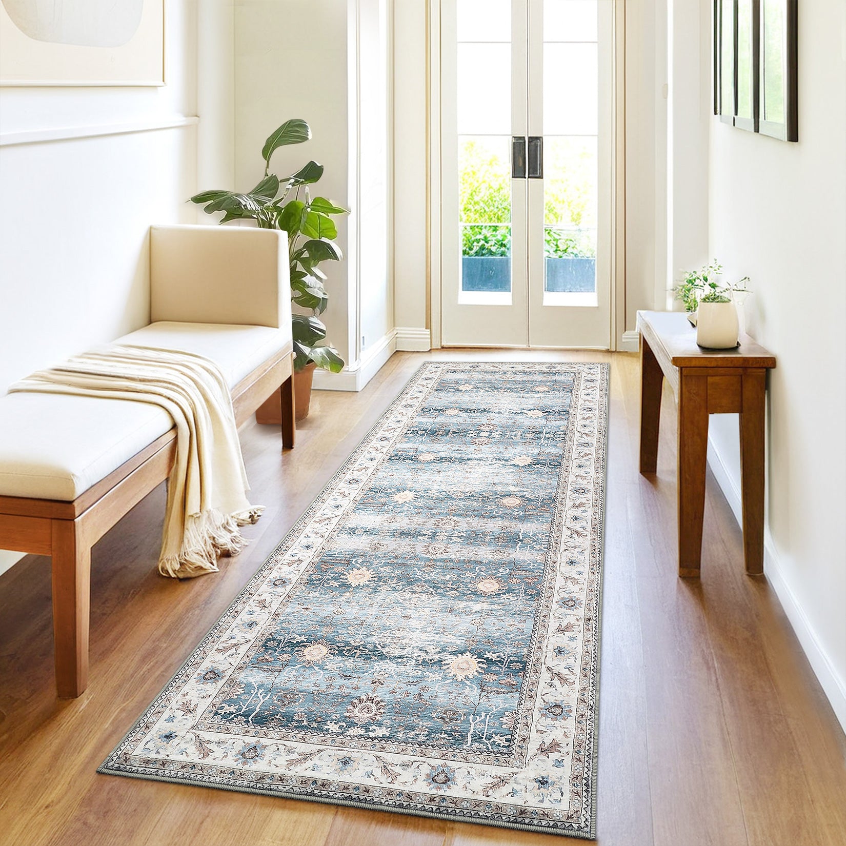 Garvee Washable Runner Rug Floral Accent Non-Shedding Low Pile Carpet 2x6 Green
